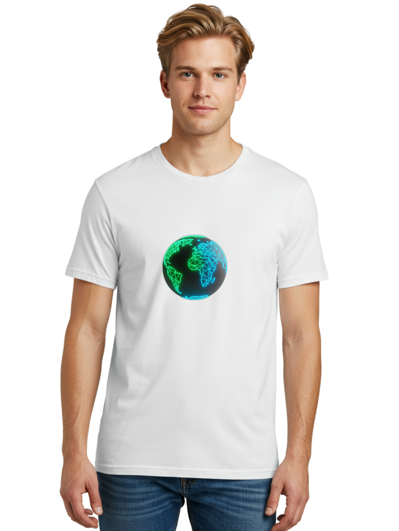 Globe-10 Men'S Graphic Tee, 100% Cotton, Comfortable Casual Summer Wear, Machine Washable, Globe, World Map, Digital Art, Neon Lights, Blue And Green Hues, Futuristic Design, Network Connections, Global Unity, 3D Rendering Baa739 8