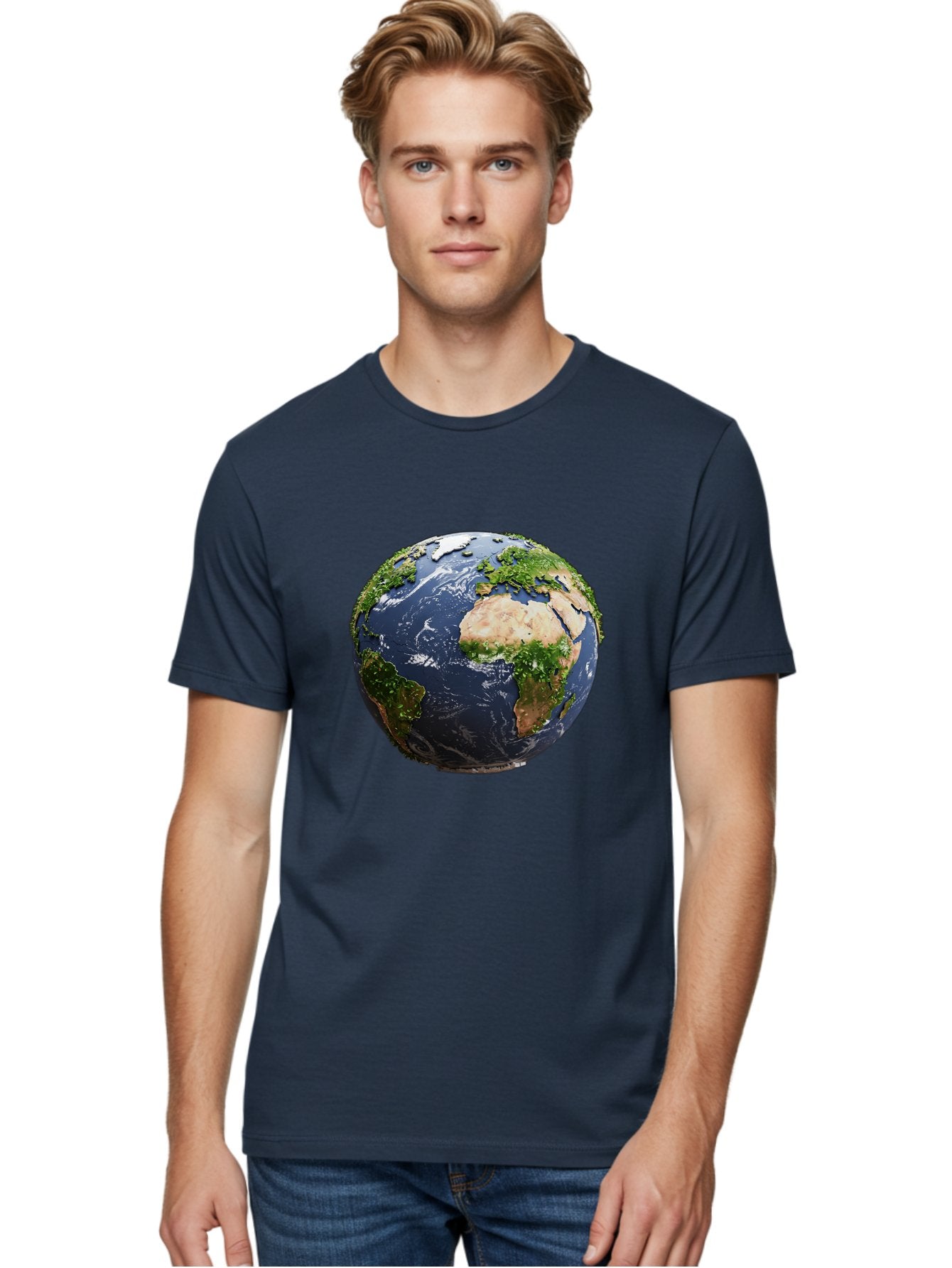 Globe-12 Men'S Graphic Tee, 100% Cotton, Comfortable Casual Summer Wear, Machine Washable, Globe Showing Africa, Europe, And Atlantic Ocean, Global View, Planet Earth, Continents, Oceans, Digital Rendering, 3D Visualization, World Map Baa741 28