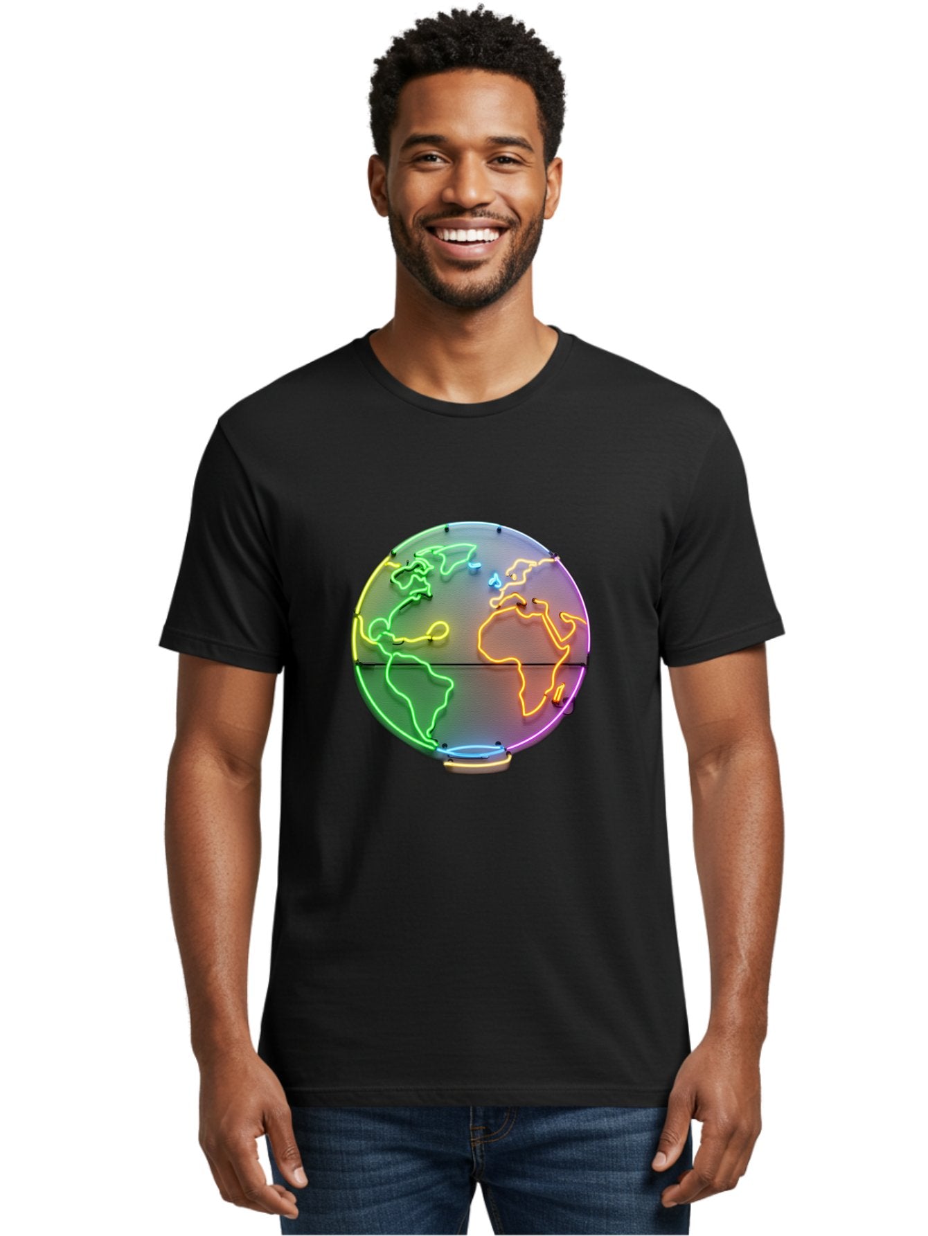 Globe-6 Men'S Graphic Tee, 100% Cotton, Comfortable Casual Summer Wear, Machine Washable, Neon Globe, World Map, Colorful Signage, Led Light Art, Global Navigation, Earth Signage, Colorful Decoration, Neon Lights Baa746 25