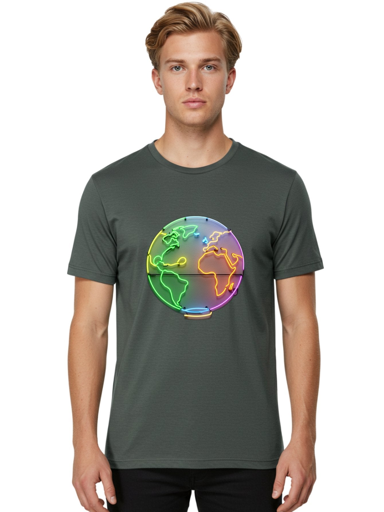 Globe-6 Men'S Graphic Tee, 100% Cotton, Comfortable Casual Summer Wear, Machine Washable, Neon Globe, World Map, Colorful Signage, Led Light Art, Global Navigation, Earth Signage, Colorful Decoration, Neon Lights Baa746 26