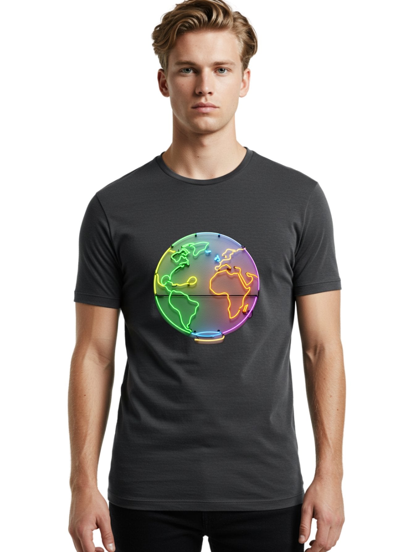 Globe-6 Men'S Graphic Tee, 100% Cotton, Comfortable Casual Summer Wear, Machine Washable, Neon Globe, World Map, Colorful Signage, Led Light Art, Global Navigation, Earth Signage, Colorful Decoration, Neon Lights Baa746 17