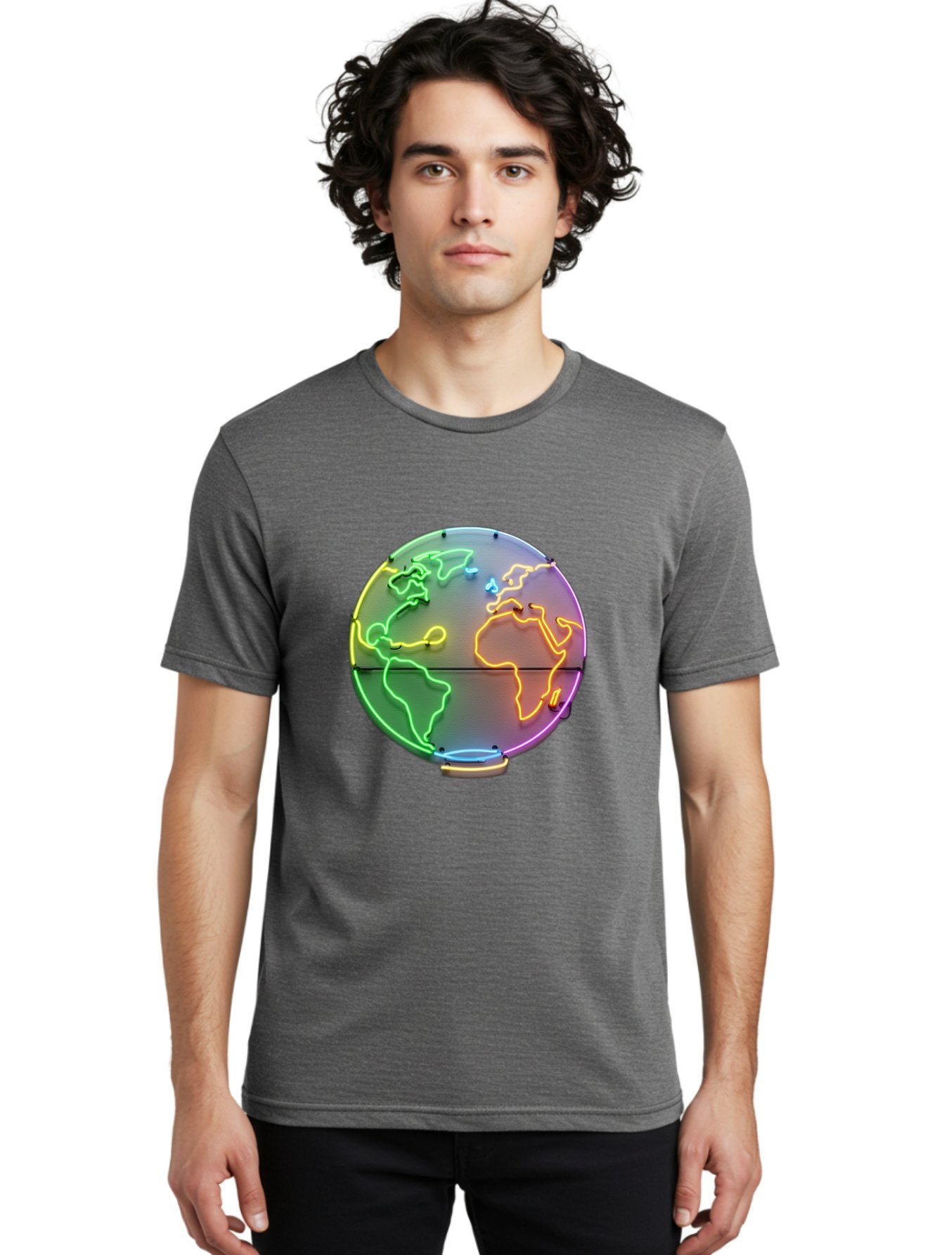 Globe-6 Men'S Graphic Tee, 100% Cotton, Comfortable Casual Summer Wear, Machine Washable, Neon Globe, World Map, Colorful Signage, Led Light Art, Global Navigation, Earth Signage, Colorful Decoration, Neon Lights Baa746 24