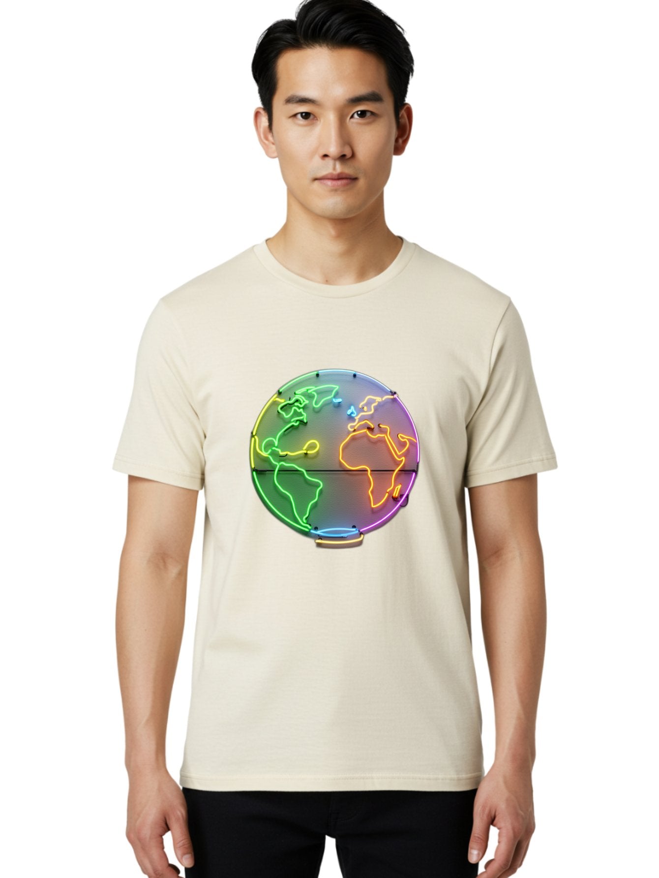 Globe-6 Men'S Graphic Tee, 100% Cotton, Comfortable Casual Summer Wear, Machine Washable, Neon Globe, World Map, Colorful Signage, Led Light Art, Global Navigation, Earth Signage, Colorful Decoration, Neon Lights Baa746 28