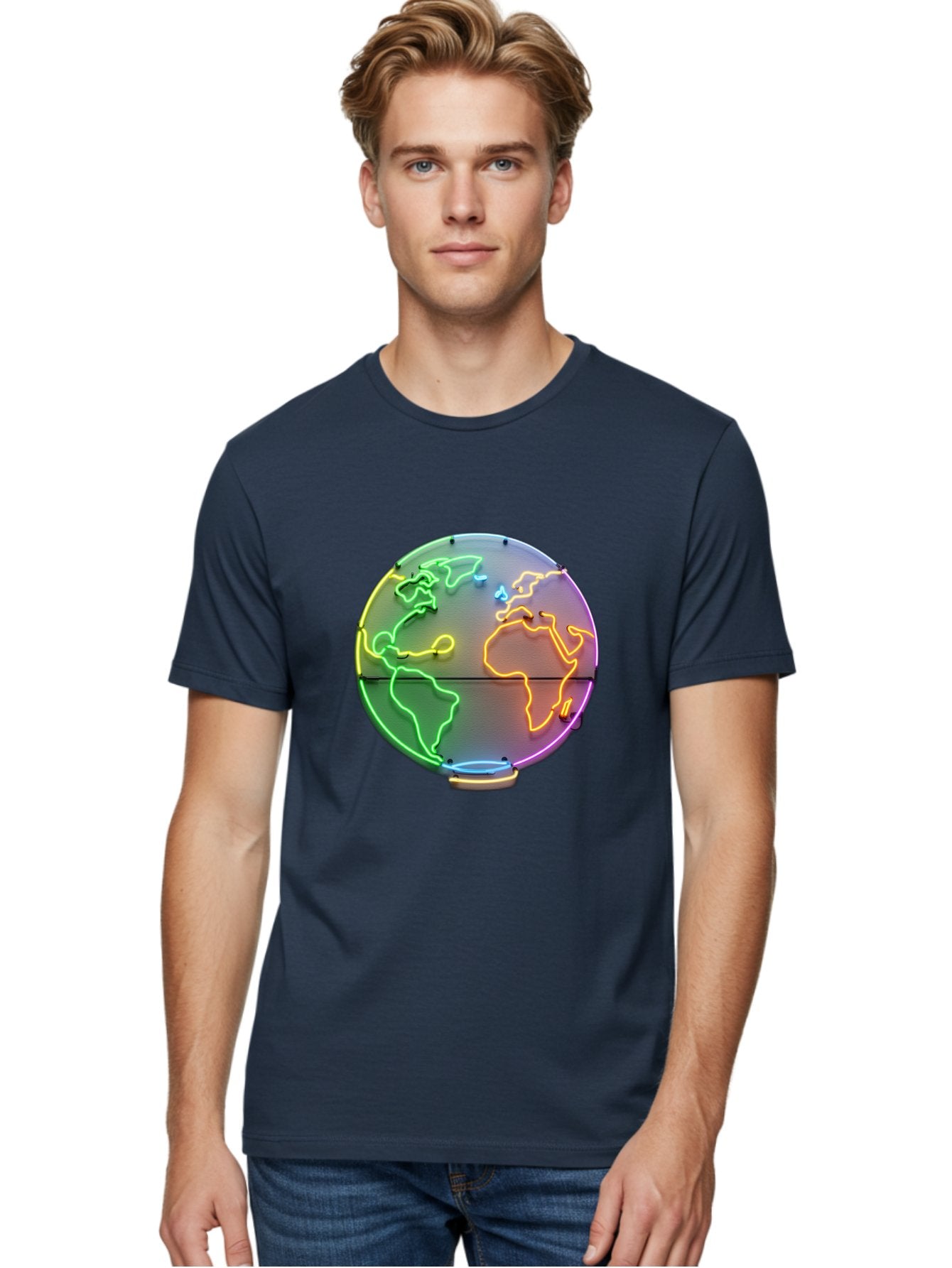 Globe-6 Men'S Graphic Tee, 100% Cotton, Comfortable Casual Summer Wear, Machine Washable, Neon Globe, World Map, Colorful Signage, Led Light Art, Global Navigation, Earth Signage, Colorful Decoration, Neon Lights Baa746 18