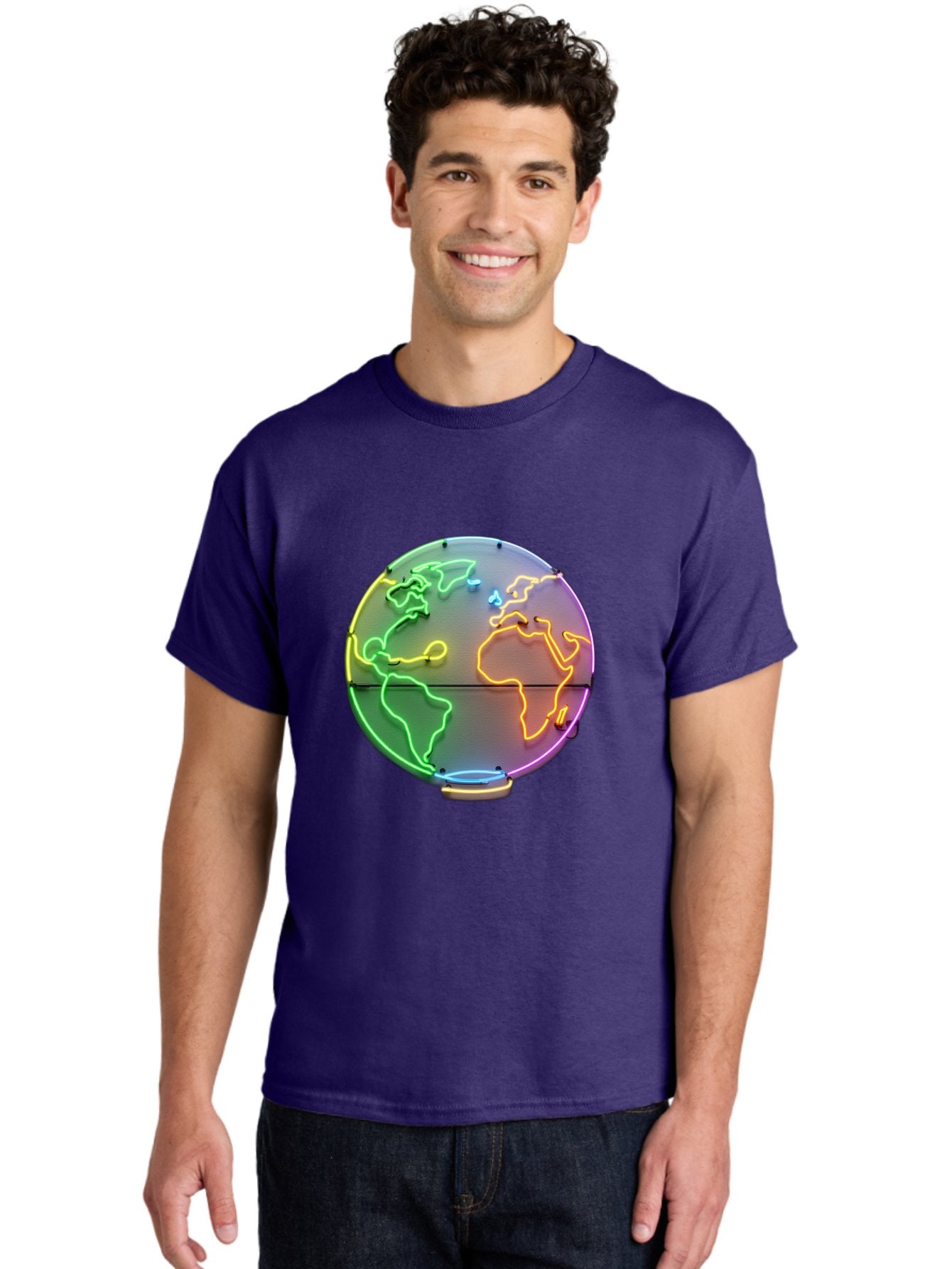 Globe-6 Men'S Graphic Tee, 100% Cotton, Comfortable Casual Summer Wear, Machine Washable, Neon Globe, World Map, Colorful Signage, Led Light Art, Global Navigation, Earth Signage, Colorful Decoration, Neon Lights Baa746 23