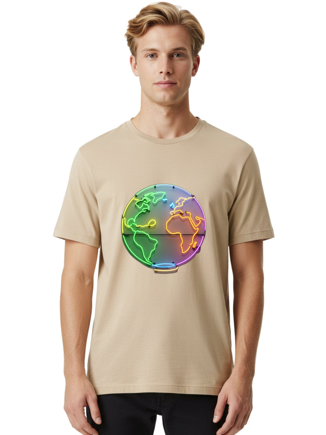 Globe-6 Men'S Graphic Tee, 100% Cotton, Comfortable Casual Summer Wear, Machine Washable, Neon Globe, World Map, Colorful Signage, Led Light Art, Global Navigation, Earth Signage, Colorful Decoration, Neon Lights Baa746 16