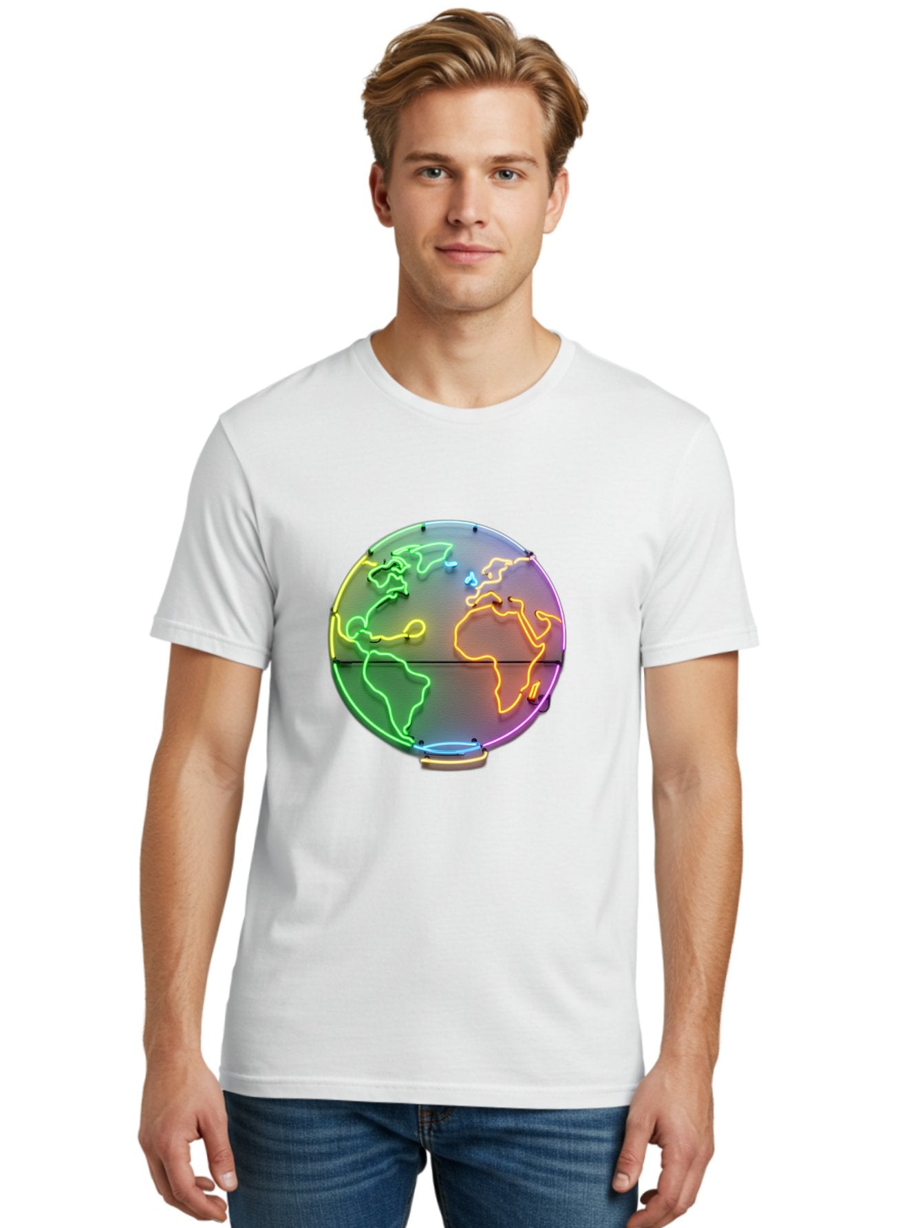 Globe-6 Men'S Graphic Tee, 100% Cotton, Comfortable Casual Summer Wear, Machine Washable, Neon Globe, World Map, Colorful Signage, Led Light Art, Global Navigation, Earth Signage, Colorful Decoration, Neon Lights Baa746 22
