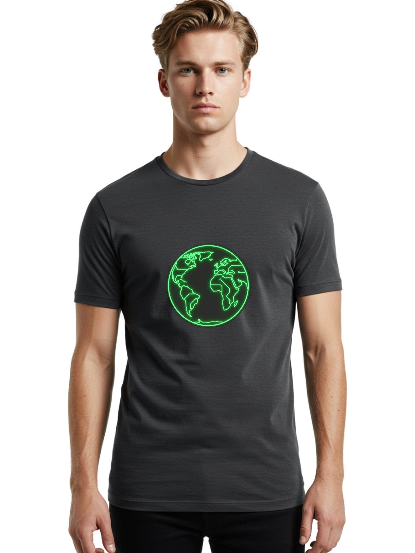 Globe-7 Men'S Graphic Tee, 100% Cotton, Comfortable Casual Summer Wear, Machine Washable, Globe Icon, World Map, Global Illustration, Neon Outline, Minimalist Design, Earth Symbol, International Representation Baa747 18