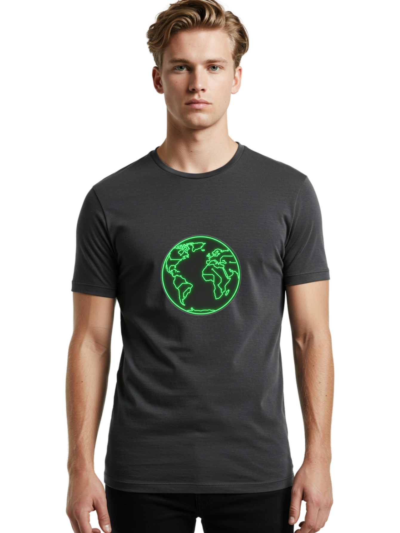 Globe-7 Men'S Graphic Tee, 100% Cotton, Comfortable Casual Summer Wear, Machine Washable, Globe Icon, World Map, Global Illustration, Neon Outline, Minimalist Design, Earth Symbol, International Representation Baa747 24