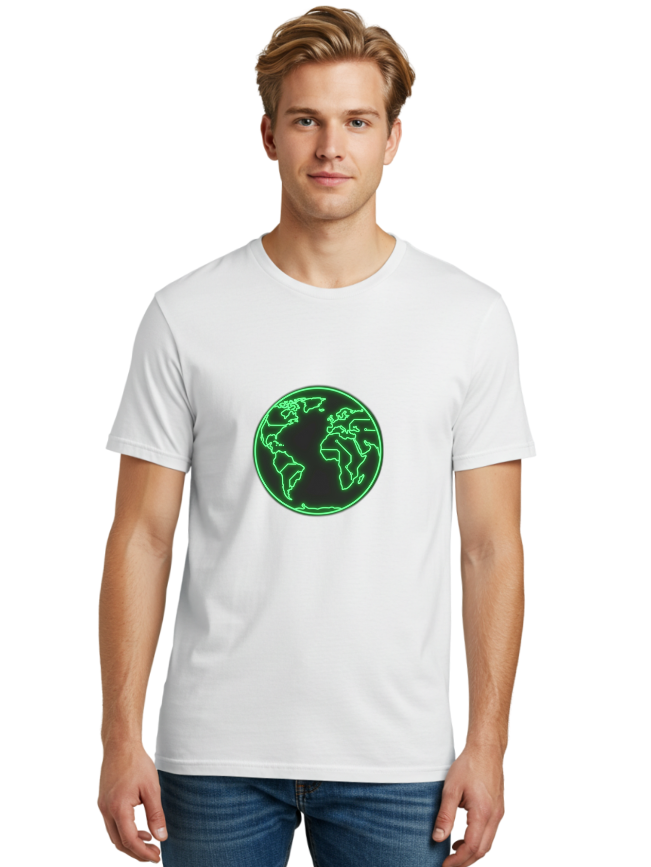 Globe-7 Men'S Graphic Tee, 100% Cotton, Comfortable Casual Summer Wear, Machine Washable, Globe Icon, World Map, Global Illustration, Neon Outline, Minimalist Design, Earth Symbol, International Representation Baa747 20
