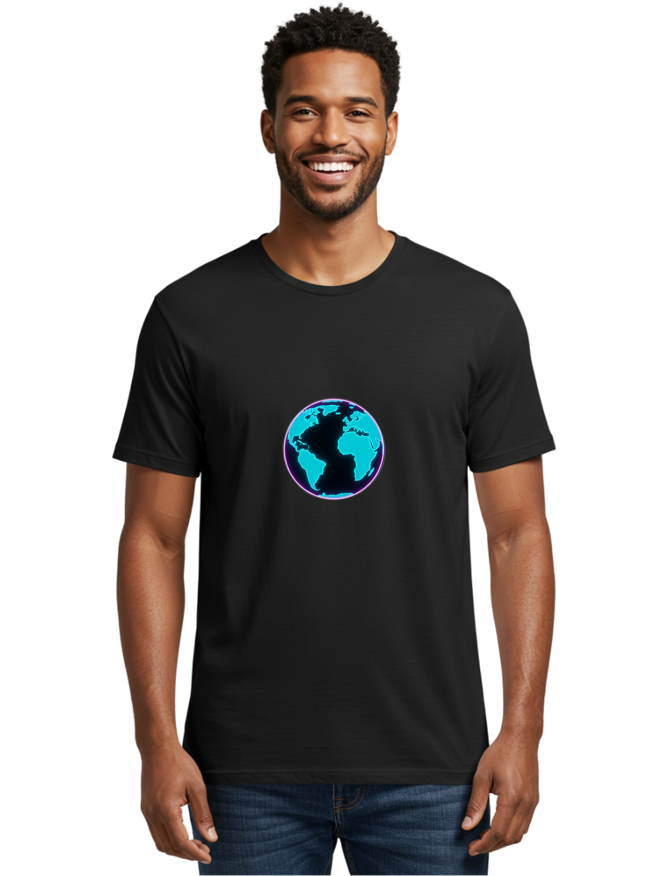 Globe-9 Men'S Graphic Tee, 100% Cotton, Comfortable Casual Summer Wear, Machine Washable, Globe, World Map, Blue And Black Silhouette, Centered, Visual Representation, Earth'S Surface, Americas Centered, Pink Outline, Modern Design, Baa749 10