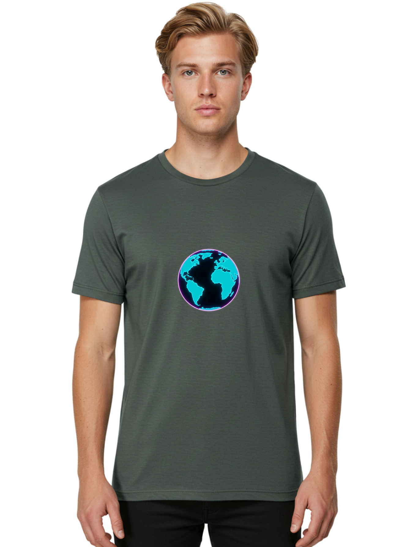 Globe-9 Men'S Graphic Tee, 100% Cotton, Comfortable Casual Summer Wear, Machine Washable, Globe, World Map, Blue And Black Silhouette, Centered, Visual Representation, Earth'S Surface, Americas Centered, Pink Outline, Modern Design, Baa749 4