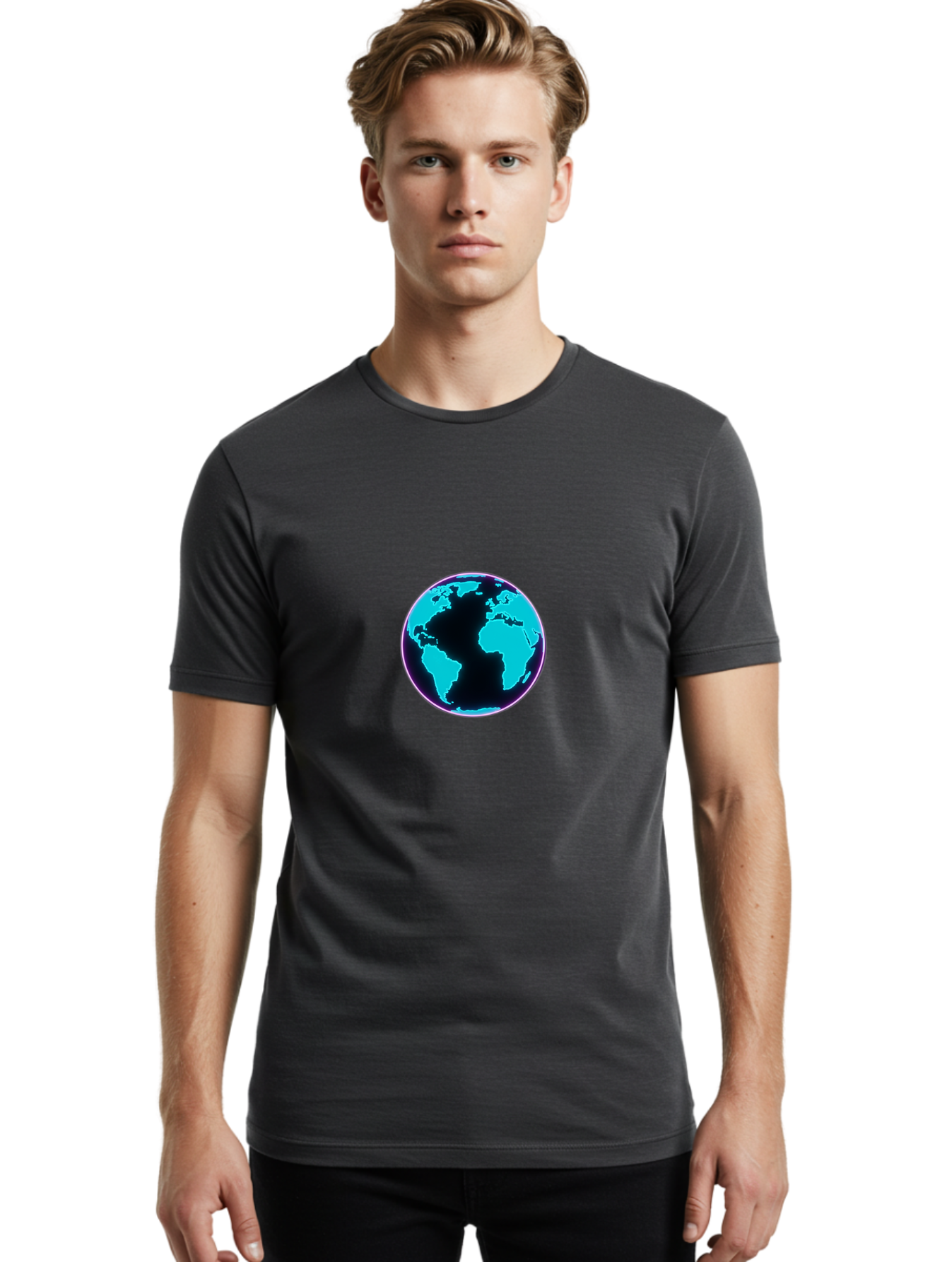 Globe-9 Men'S Graphic Tee, 100% Cotton, Comfortable Casual Summer Wear, Machine Washable, Globe, World Map, Blue And Black Silhouette, Centered, Visual Representation, Earth'S Surface, Americas Centered, Pink Outline, Modern Design, Baa749 8
