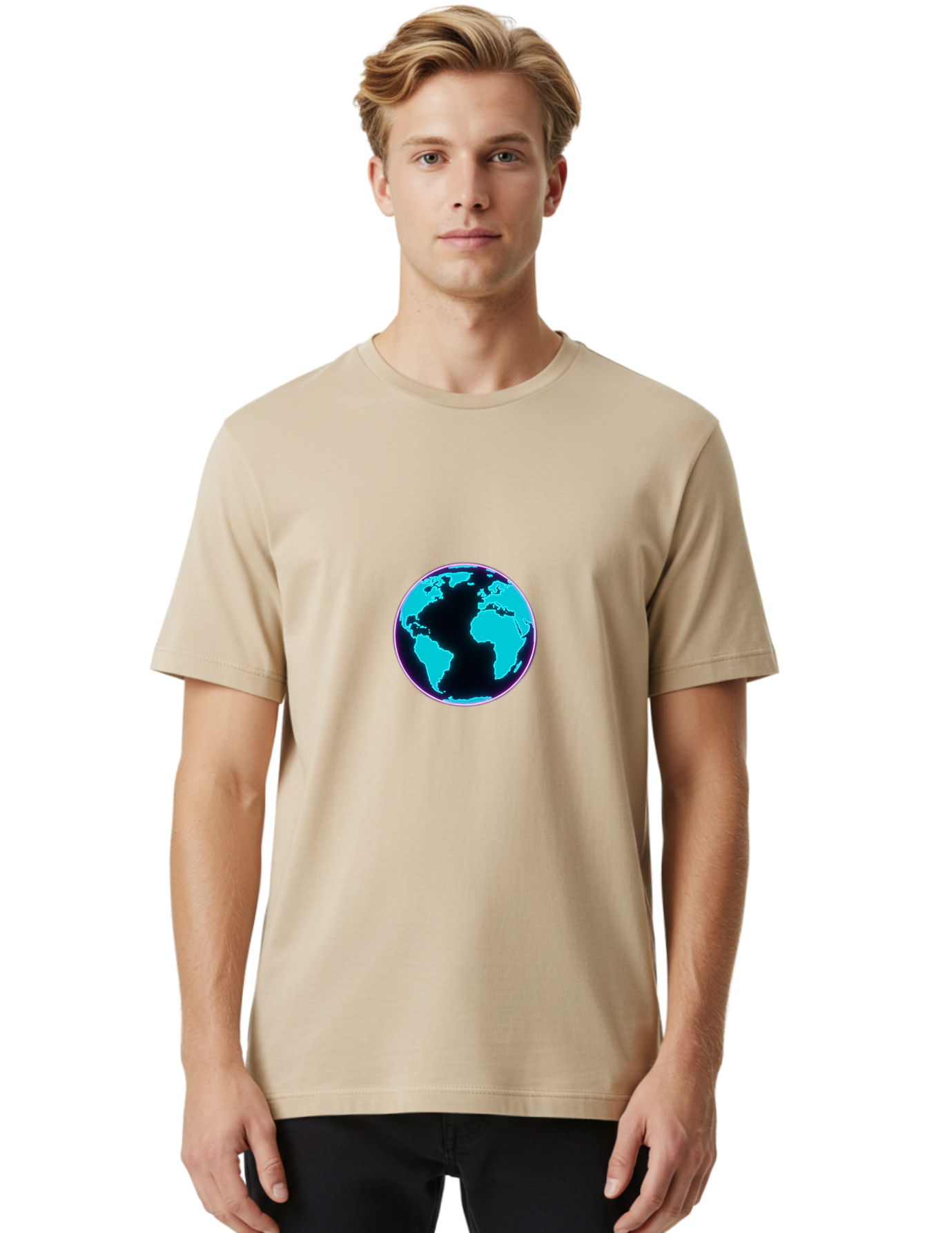 Globe-9 Men'S Graphic Tee, 100% Cotton, Comfortable Casual Summer Wear, Machine Washable, Globe, World Map, Blue And Black Silhouette, Centered, Visual Representation, Earth'S Surface, Americas Centered, Pink Outline, Modern Design, Baa749 20