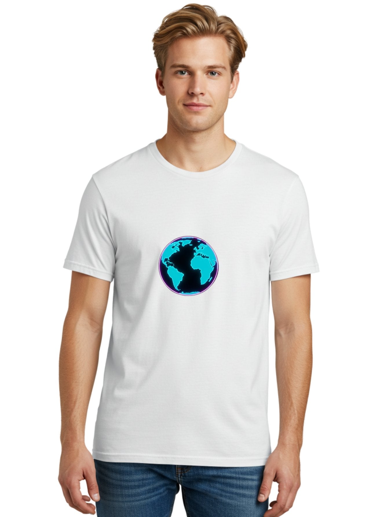 Globe-9 Men'S Graphic Tee, 100% Cotton, Comfortable Casual Summer Wear, Machine Washable, Globe, World Map, Blue And Black Silhouette, Centered, Visual Representation, Earth'S Surface, Americas Centered, Pink Outline, Modern Design, Baa749 20