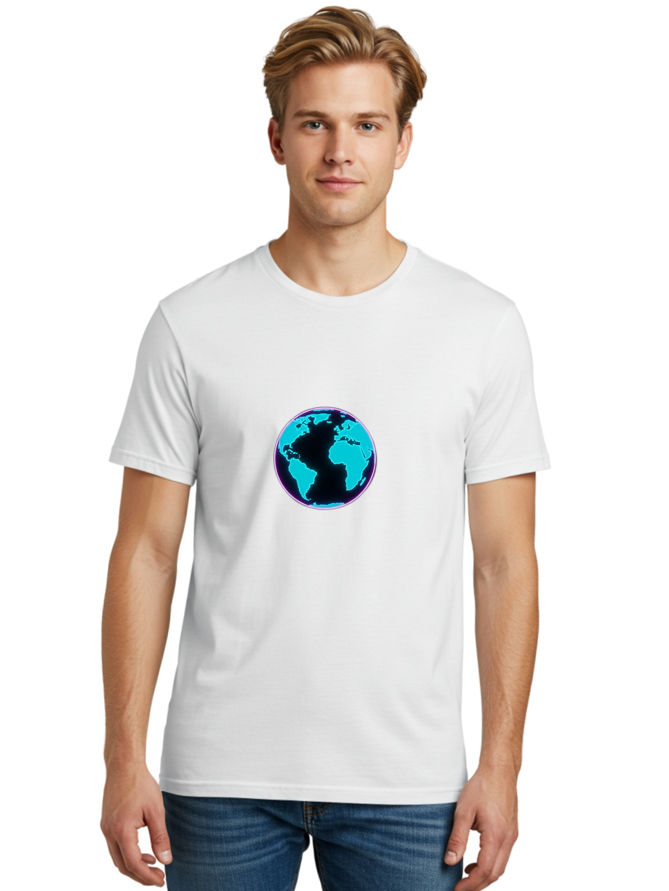 Globe-9 Men'S Graphic Tee, 100% Cotton, Comfortable Casual Summer Wear, Machine Washable, Globe, World Map, Blue And Black Silhouette, Centered, Visual Representation, Earth'S Surface, Americas Centered, Pink Outline, Modern Design, Baa749 30