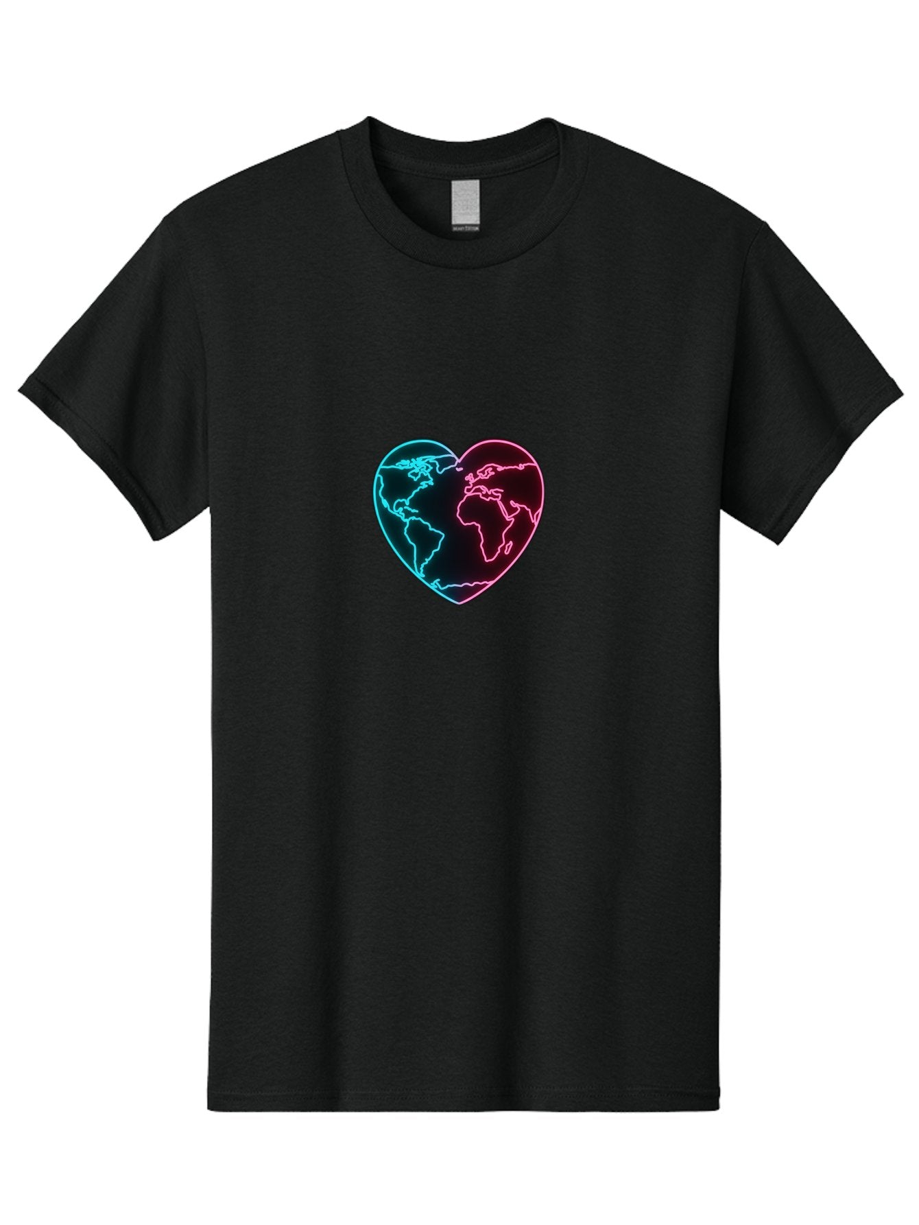 Globe-Heart Men'S Graphic Tee, 100% Cotton, Comfortable Casual Summer Wear, Machine Washable, Glowing World Map, Heart Shape, Neon Light, Global Unity, Love For The Planet, Blue And Pink Glow, Futuristic Design, Symbolic Representation Baa750 4