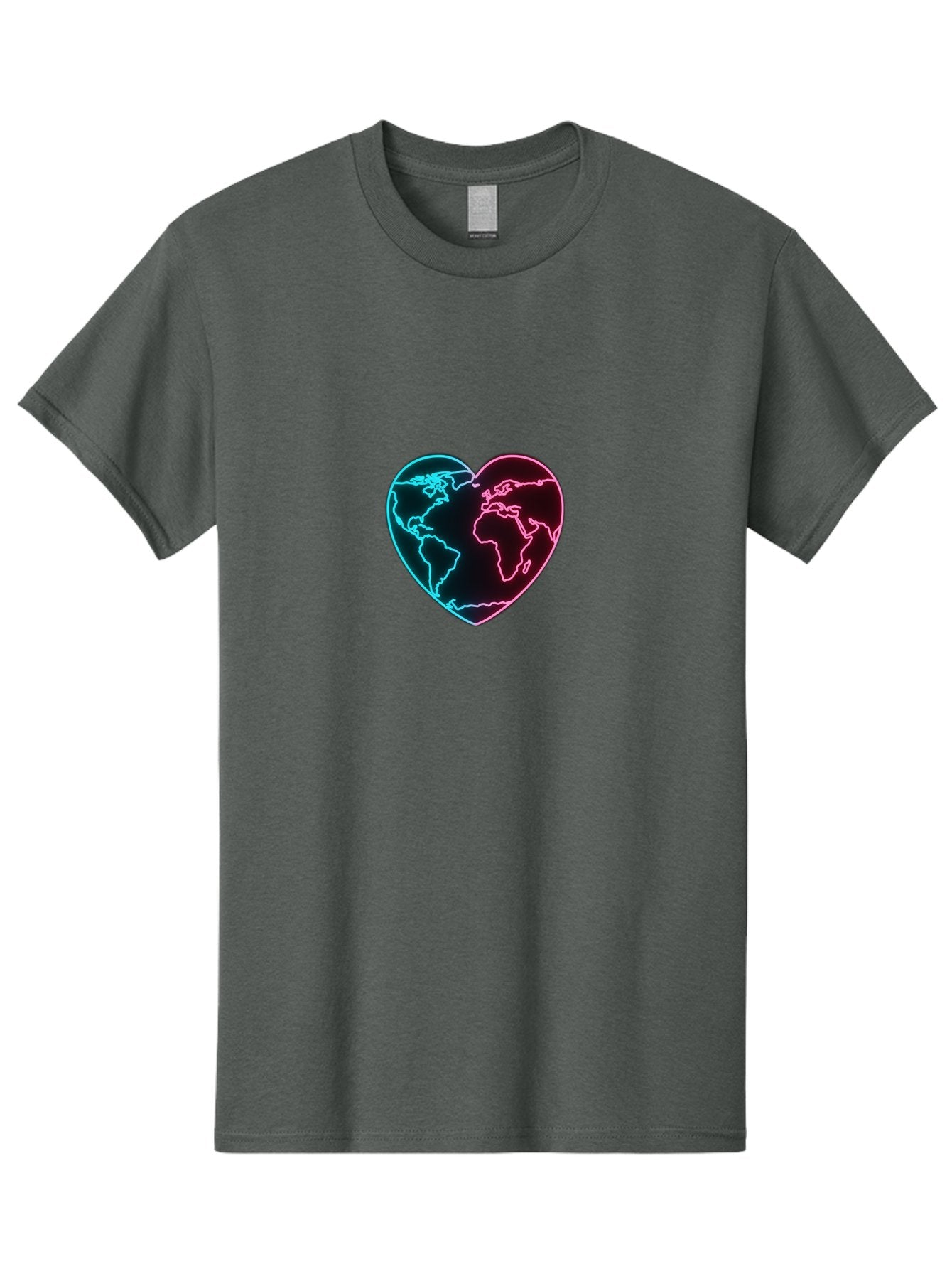 Globe-Heart Men'S Graphic Tee, 100% Cotton, Comfortable Casual Summer Wear, Machine Washable, Glowing World Map, Heart Shape, Neon Light, Global Unity, Love For The Planet, Blue And Pink Glow, Futuristic Design, Symbolic Representation Baa750 8