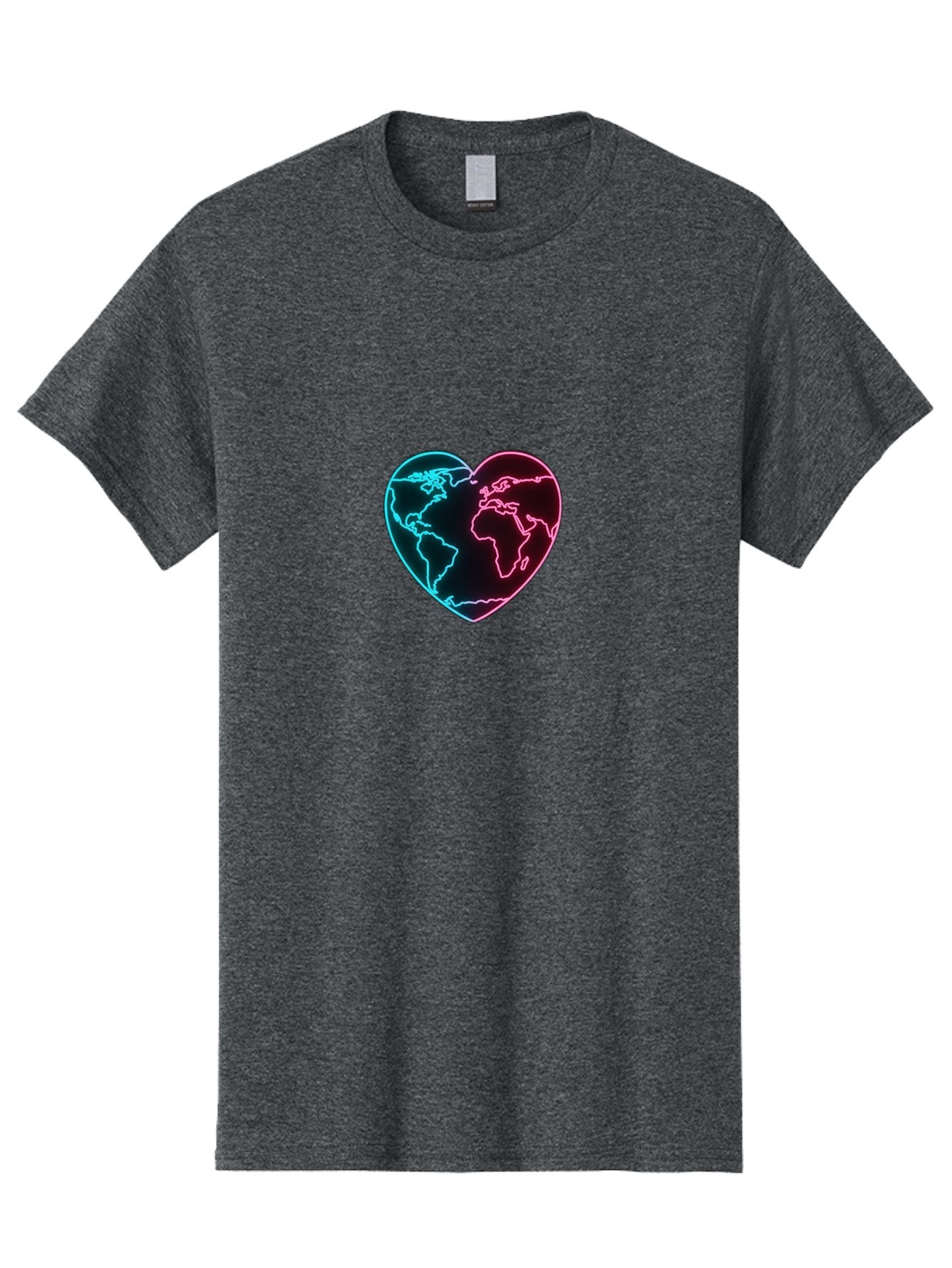 Globe-Heart Men'S Graphic Tee, 100% Cotton, Comfortable Casual Summer Wear, Machine Washable, Glowing World Map, Heart Shape, Neon Light, Global Unity, Love For The Planet, Blue And Pink Glow, Futuristic Design, Symbolic Representation Baa750 3
