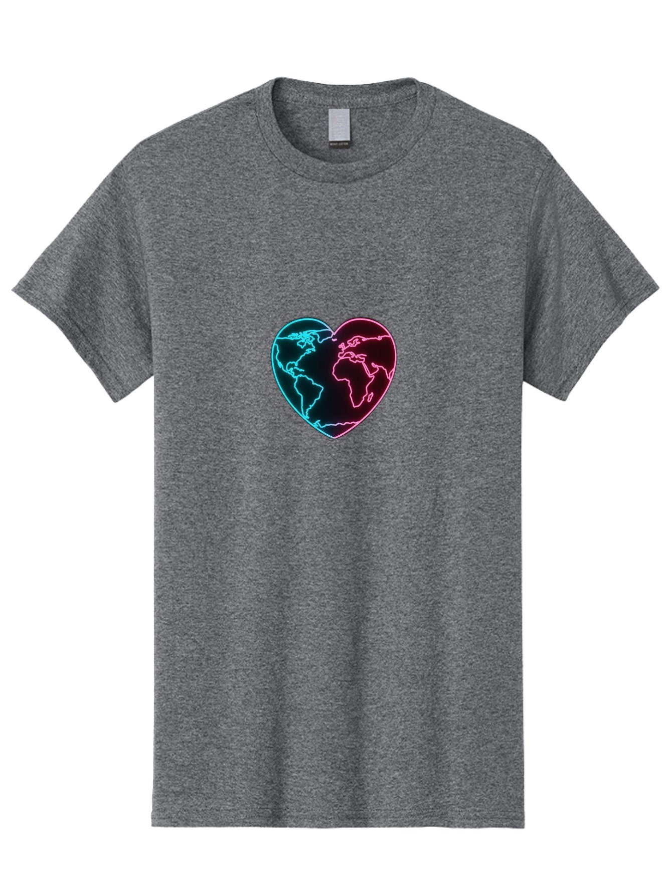 Globe-Heart Men'S Graphic Tee, 100% Cotton, Comfortable Casual Summer Wear, Machine Washable, Glowing World Map, Heart Shape, Neon Light, Global Unity, Love For The Planet, Blue And Pink Glow, Futuristic Design, Symbolic Representation Baa750 10