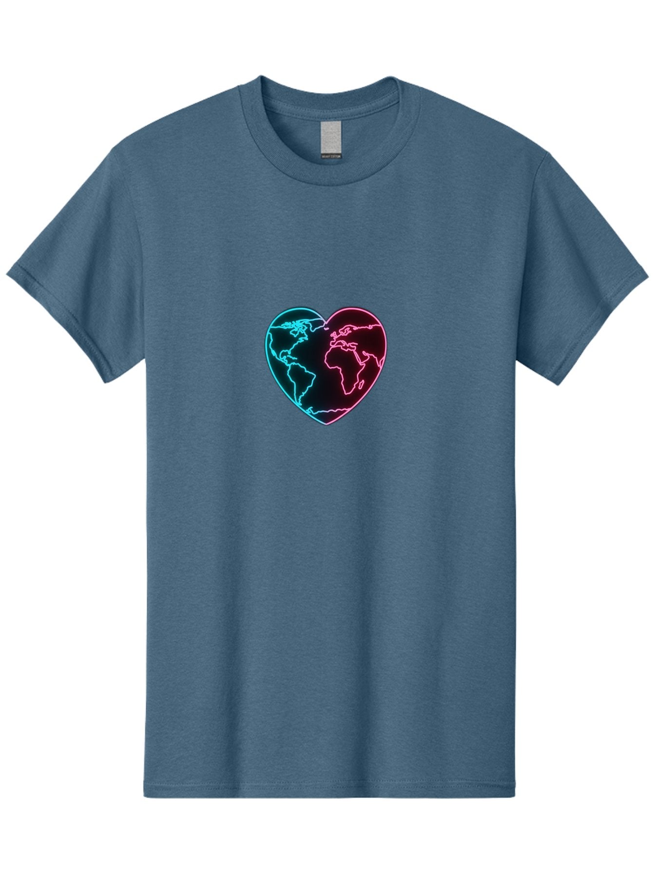Globe-Heart Men'S Graphic Tee, 100% Cotton, Comfortable Casual Summer Wear, Machine Washable, Glowing World Map, Heart Shape, Neon Light, Global Unity, Love For The Planet, Blue And Pink Glow, Futuristic Design, Symbolic Representation Baa750
