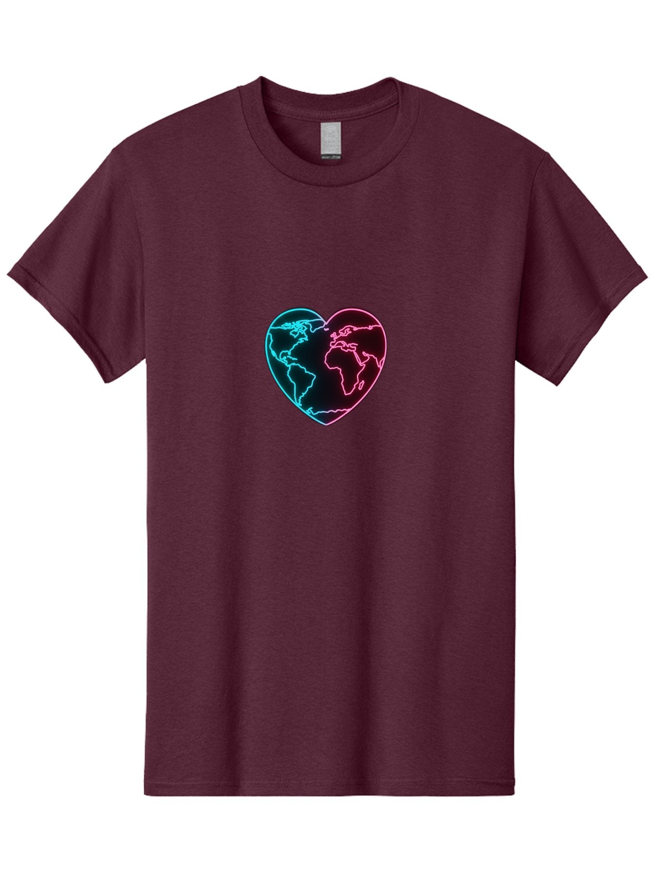 Globe-Heart Men'S Graphic Tee, 100% Cotton, Comfortable Casual Summer Wear, Machine Washable, Glowing World Map, Heart Shape, Neon Light, Global Unity, Love For The Planet, Blue And Pink Glow, Futuristic Design, Symbolic Representation Baa750 12