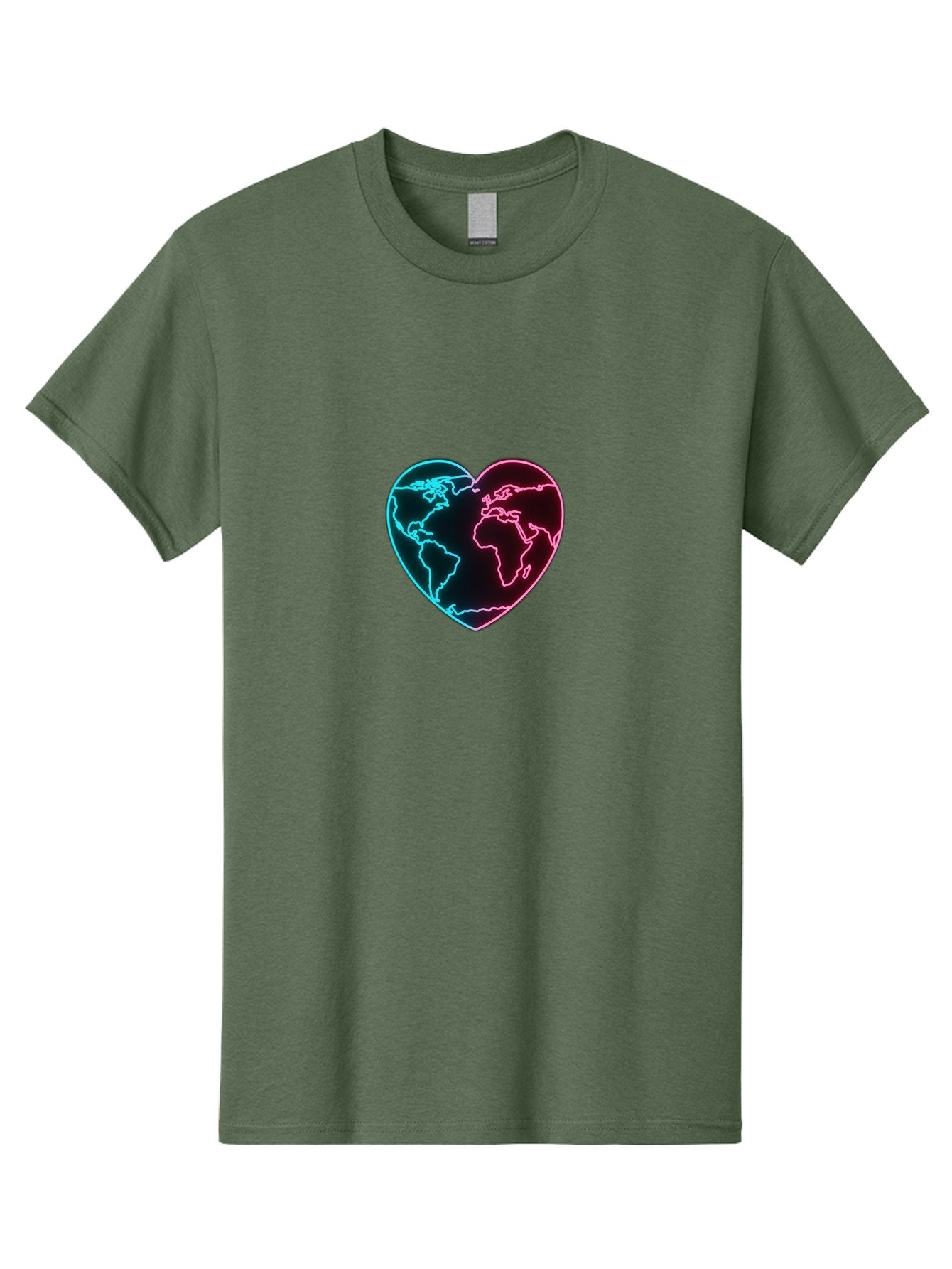 Globe-Heart Men'S Graphic Tee, 100% Cotton, Comfortable Casual Summer Wear, Machine Washable, Glowing World Map, Heart Shape, Neon Light, Global Unity, Love For The Planet, Blue And Pink Glow, Futuristic Design, Symbolic Representation Baa750 6