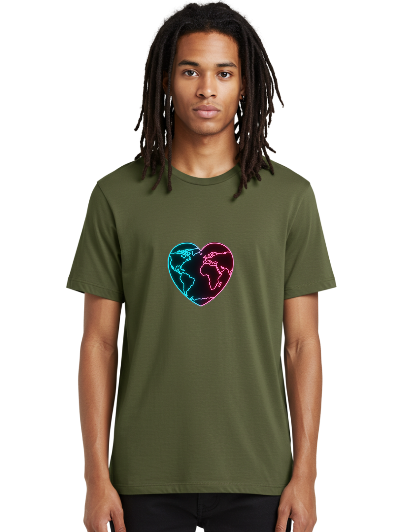 Globe-Heart Men'S Graphic Tee, 100% Cotton, Comfortable Casual Summer Wear, Machine Washable, Glowing World Map, Heart Shape, Neon Light, Global Unity, Love For The Planet, Blue And Pink Glow, Futuristic Design, Symbolic Representation Baa750 14
