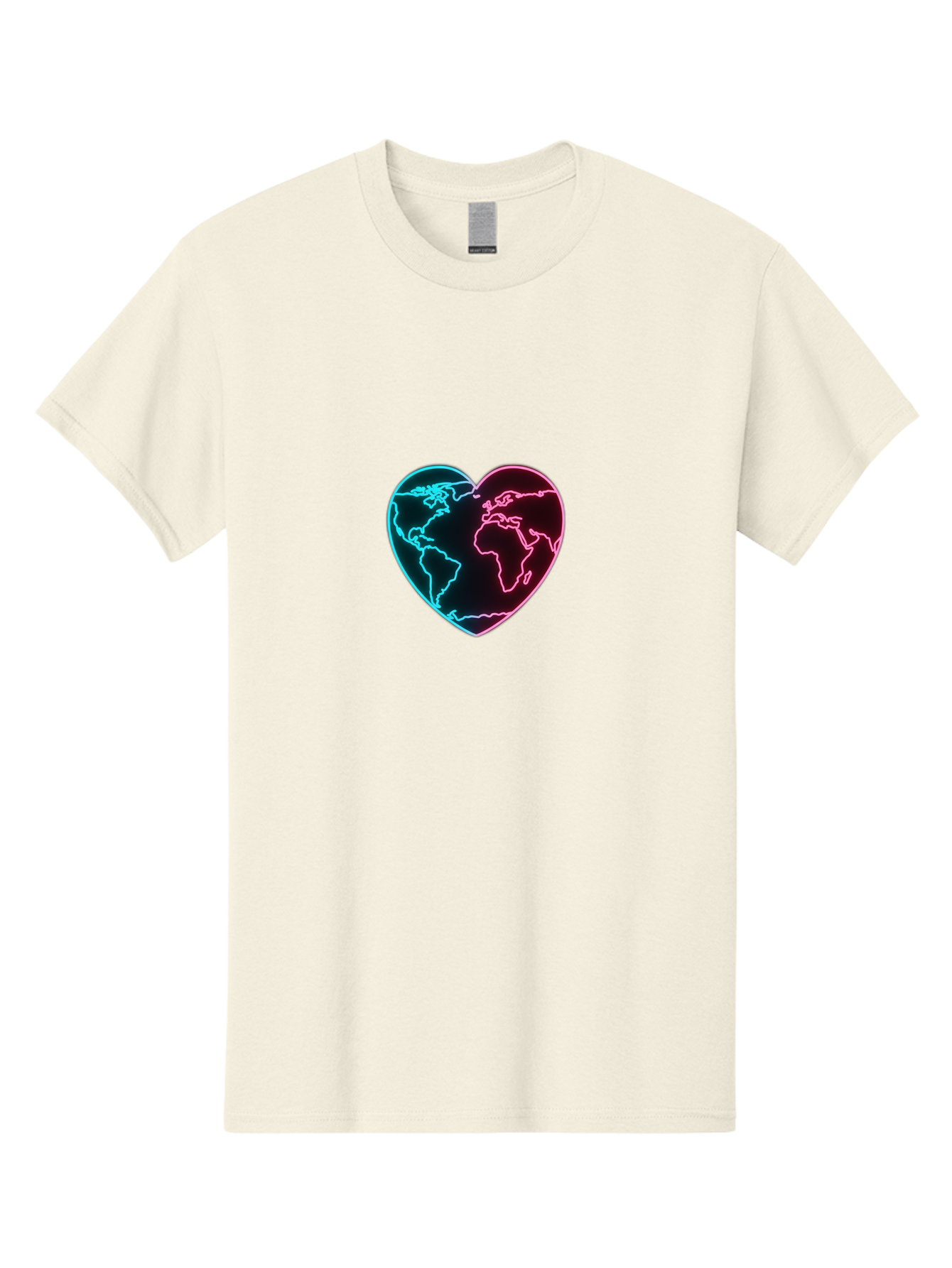 Globe-Heart Men'S Graphic Tee, 100% Cotton, Comfortable Casual Summer Wear, Machine Washable, Glowing World Map, Heart Shape, Neon Light, Global Unity, Love For The Planet, Blue And Pink Glow, Futuristic Design, Symbolic Representation Baa750 25