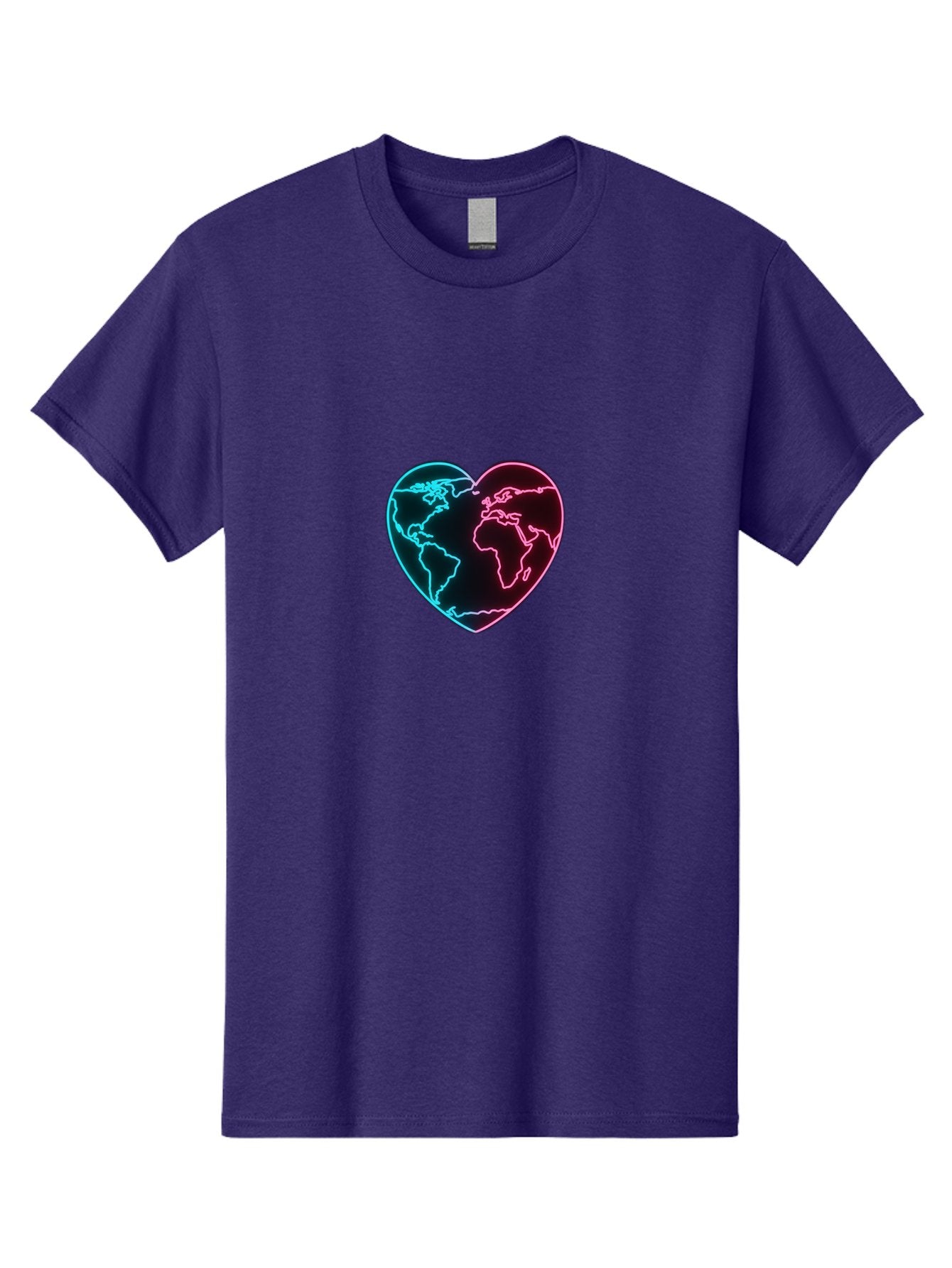 Globe-Heart Men'S Graphic Tee, 100% Cotton, Comfortable Casual Summer Wear, Machine Washable, Glowing World Map, Heart Shape, Neon Light, Global Unity, Love For The Planet, Blue And Pink Glow, Futuristic Design, Symbolic Representation Baa750 15