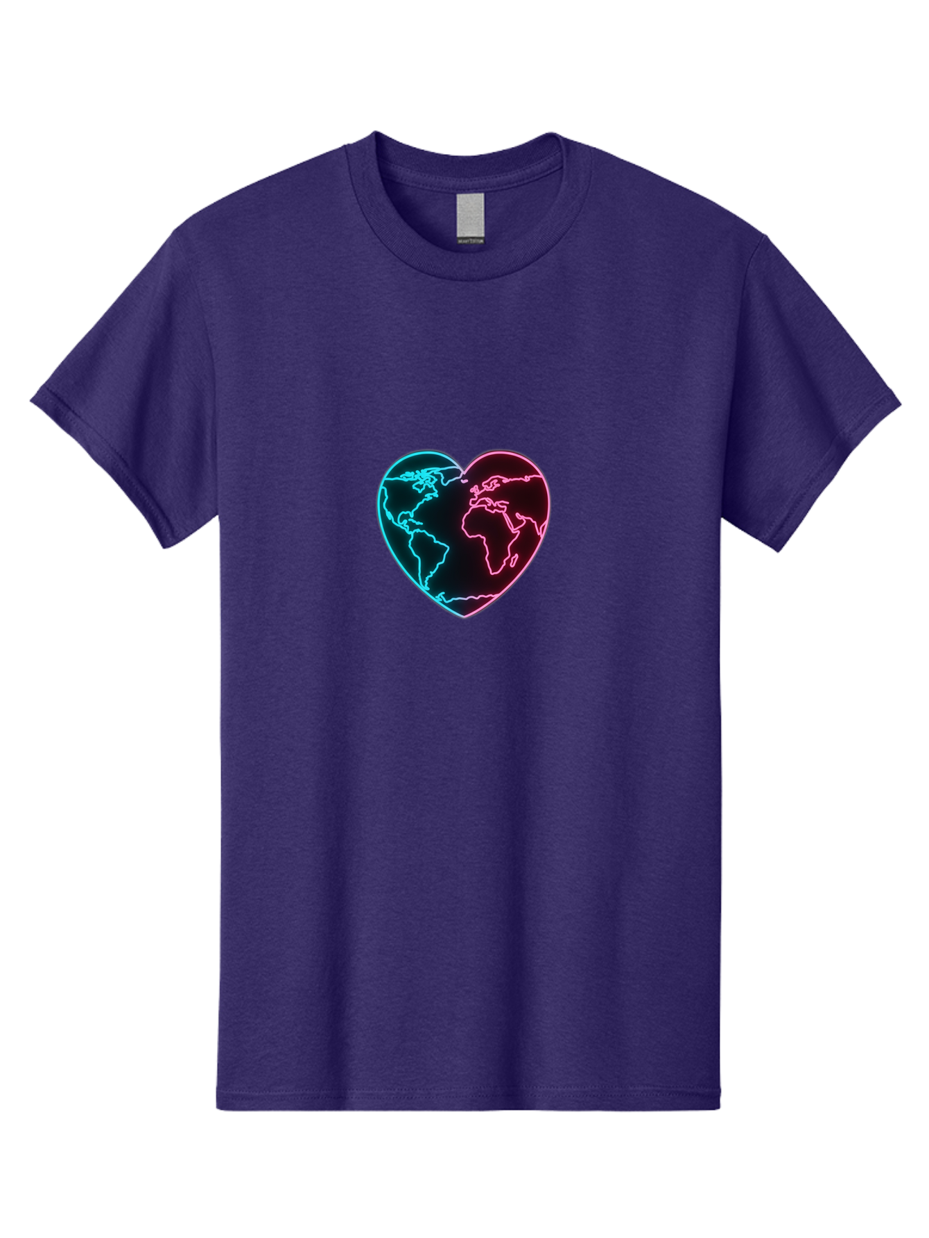 Globe-Heart Men'S Graphic Tee, 100% Cotton, Comfortable Casual Summer Wear, Machine Washable, Glowing World Map, Heart Shape, Neon Light, Global Unity, Love For The Planet, Blue And Pink Glow, Futuristic Design, Symbolic Representation Baa750
