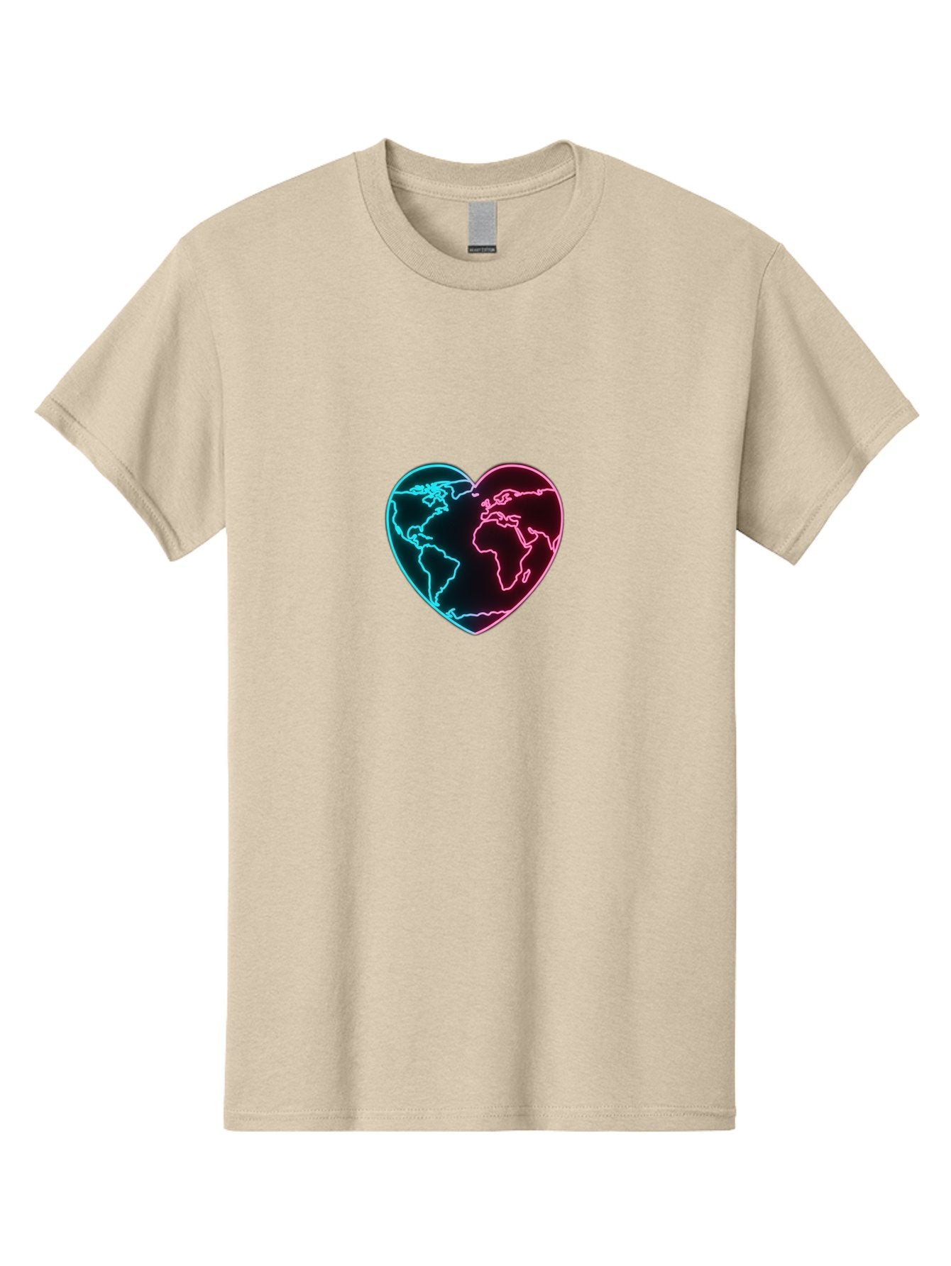 Globe-Heart Men'S Graphic Tee, 100% Cotton, Comfortable Casual Summer Wear, Machine Washable, Glowing World Map, Heart Shape, Neon Light, Global Unity, Love For The Planet, Blue And Pink Glow, Futuristic Design, Symbolic Representation Baa750 14