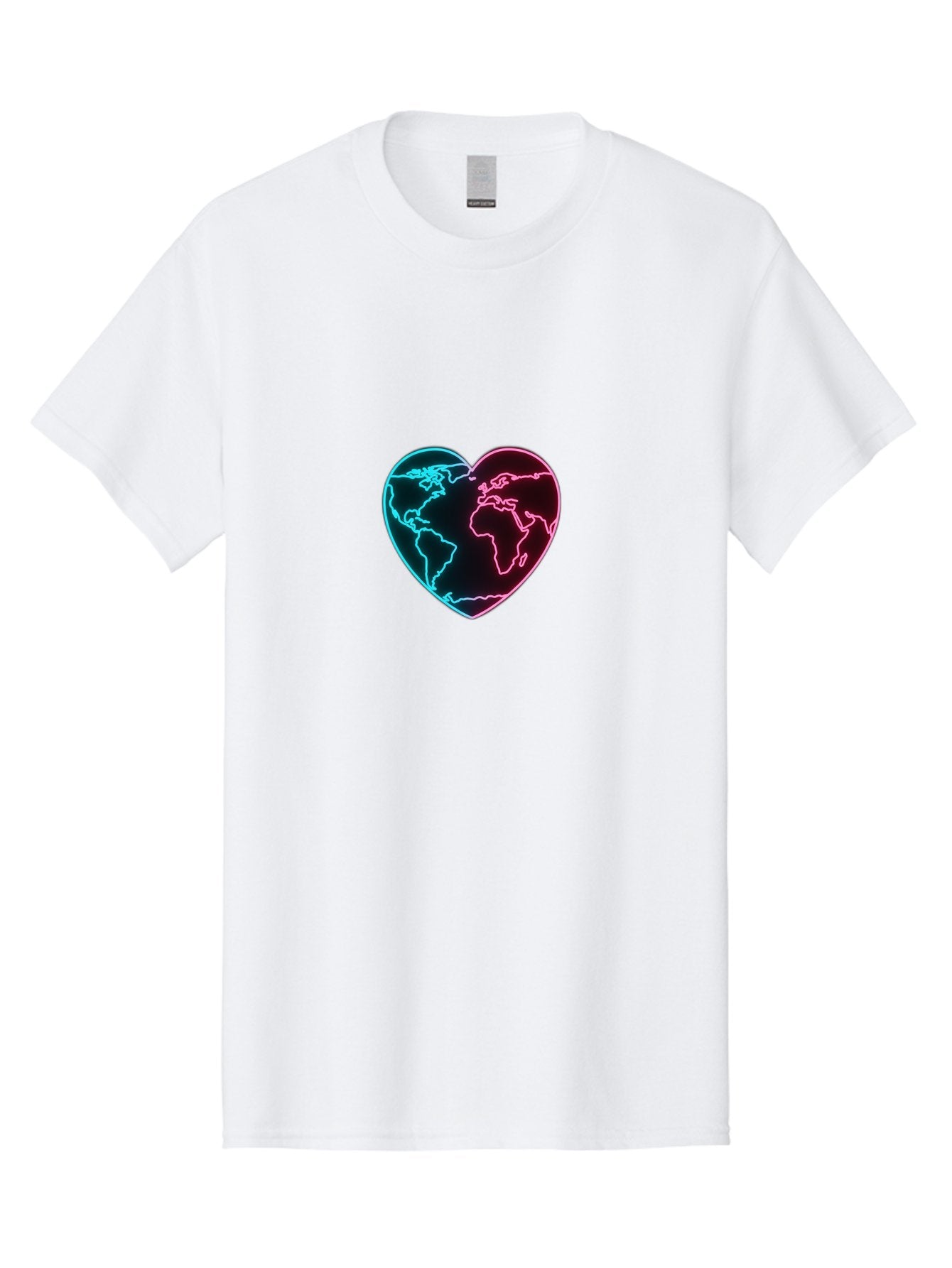 Globe-Heart Men'S Graphic Tee, 100% Cotton, Comfortable Casual Summer Wear, Machine Washable, Glowing World Map, Heart Shape, Neon Light, Global Unity, Love For The Planet, Blue And Pink Glow, Futuristic Design, Symbolic Representation Baa750