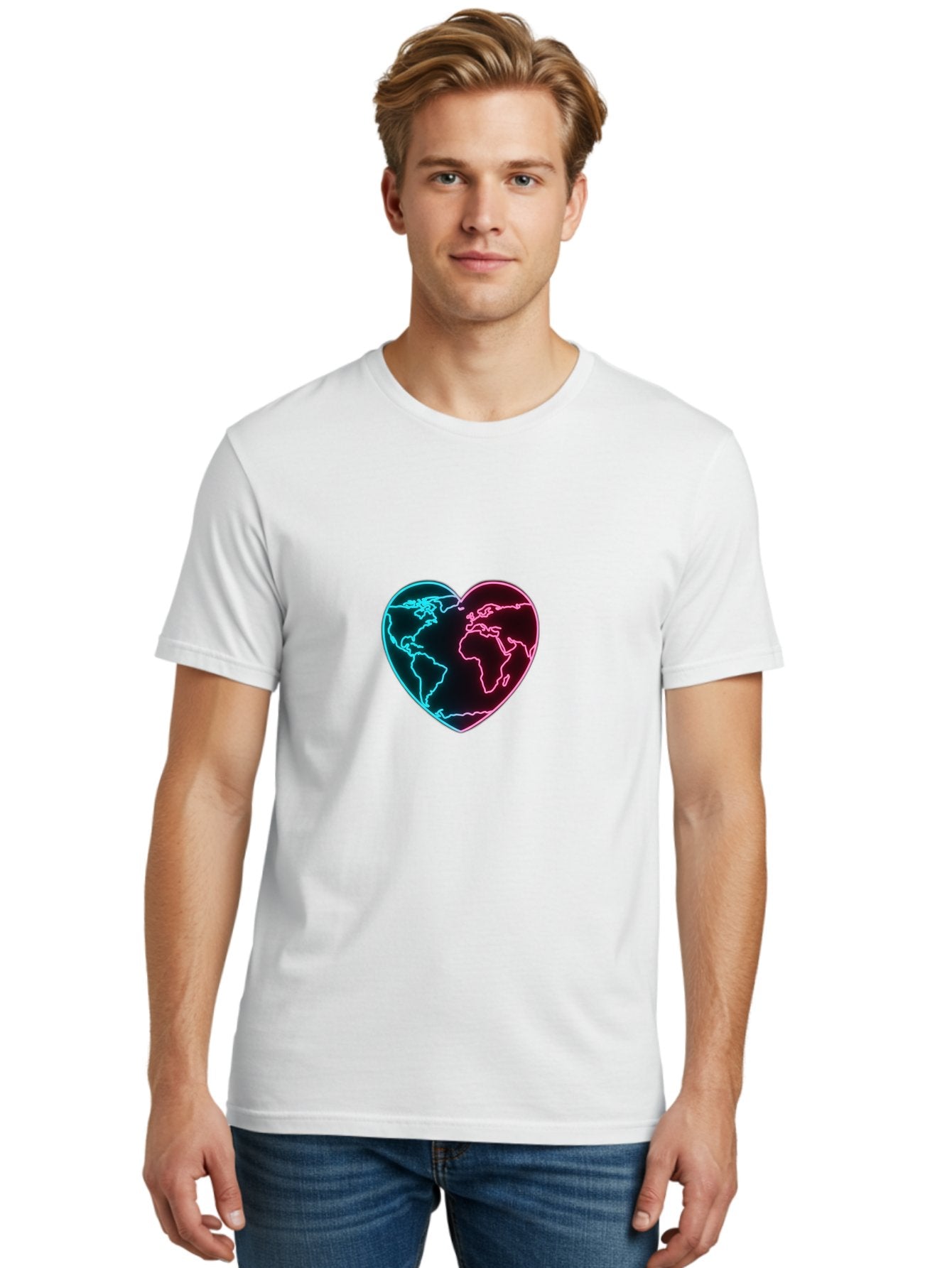 Globe-Heart Men'S Graphic Tee, 100% Cotton, Comfortable Casual Summer Wear, Machine Washable, Glowing World Map, Heart Shape, Neon Light, Global Unity, Love For The Planet, Blue And Pink Glow, Futuristic Design, Symbolic Representation Baa750 19