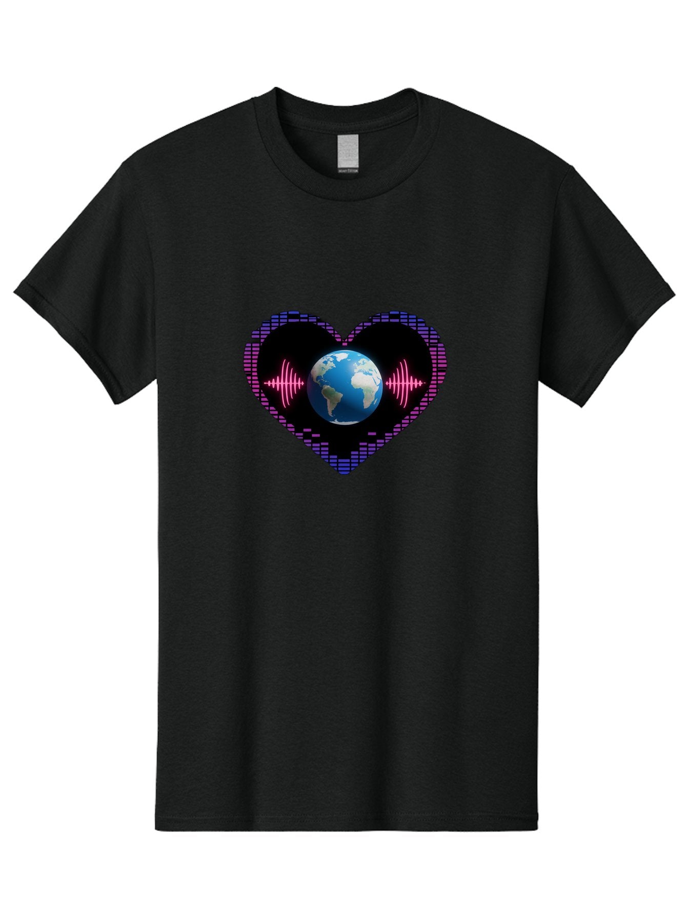 Globe-Heartbeat Men'S Graphic Tee, 100% Cotton, Comfortable Casual Summer Wear, Machine Washable, Globe In Heart Shape, Digital Graphic, Sound Wave, Earth Love, Global Unity, Tech Art, Futuristic Design, Pixel Art Baa751 3