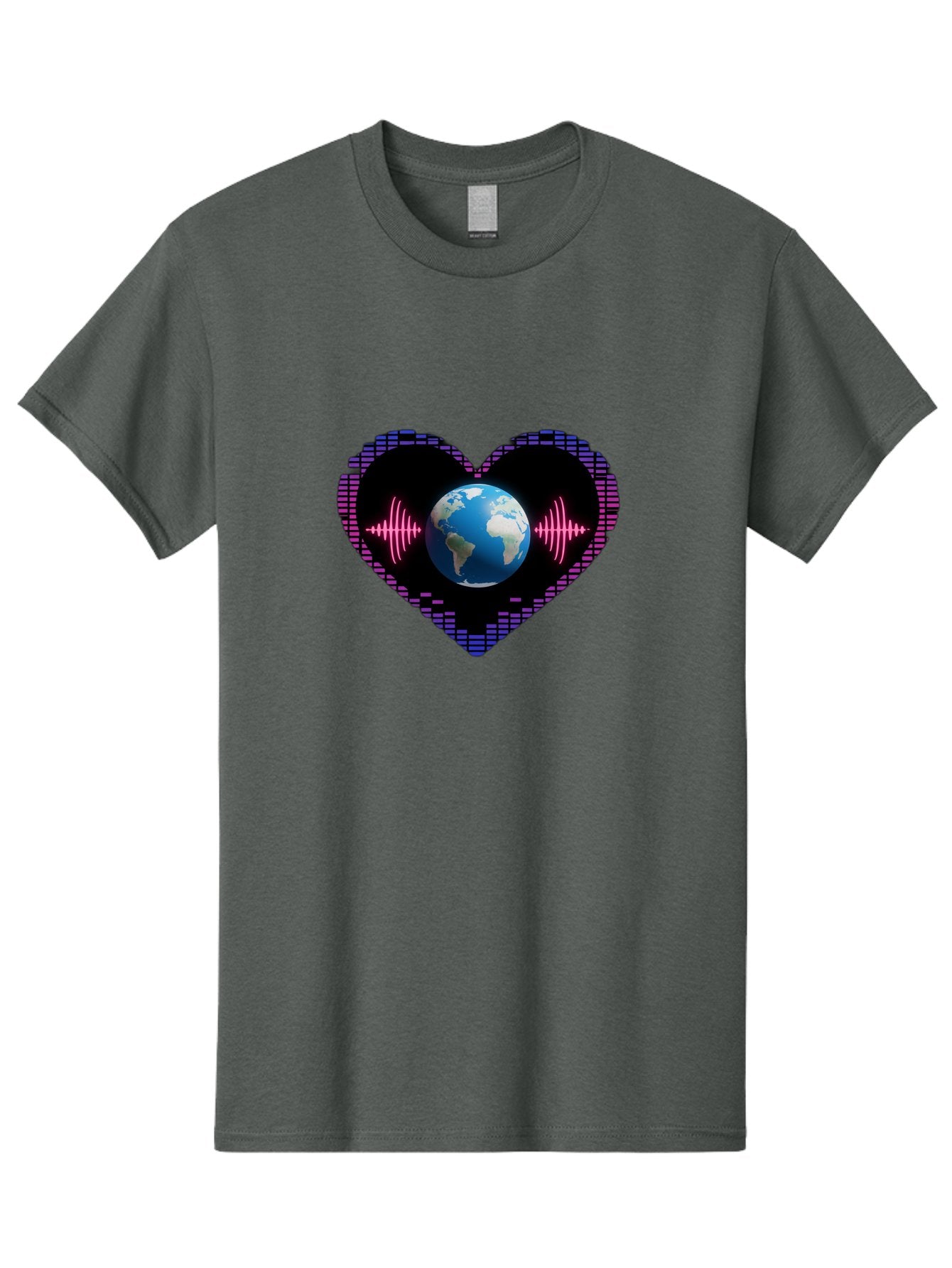 Globe-Heartbeat Men'S Graphic Tee, 100% Cotton, Comfortable Casual Summer Wear, Machine Washable, Globe In Heart Shape, Digital Graphic, Sound Wave, Earth Love, Global Unity, Tech Art, Futuristic Design, Pixel Art Baa751 4