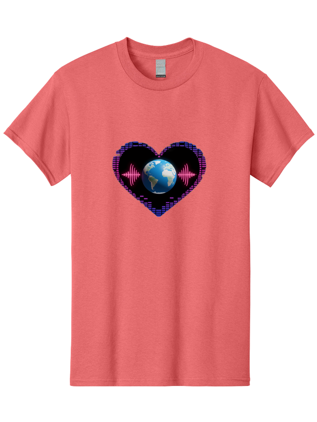 Globe-Heartbeat Men'S Graphic Tee, 100% Cotton, Comfortable Casual Summer Wear, Machine Washable, Globe In Heart Shape, Digital Graphic, Sound Wave, Earth Love, Global Unity, Tech Art, Futuristic Design, Pixel Art Baa751 27