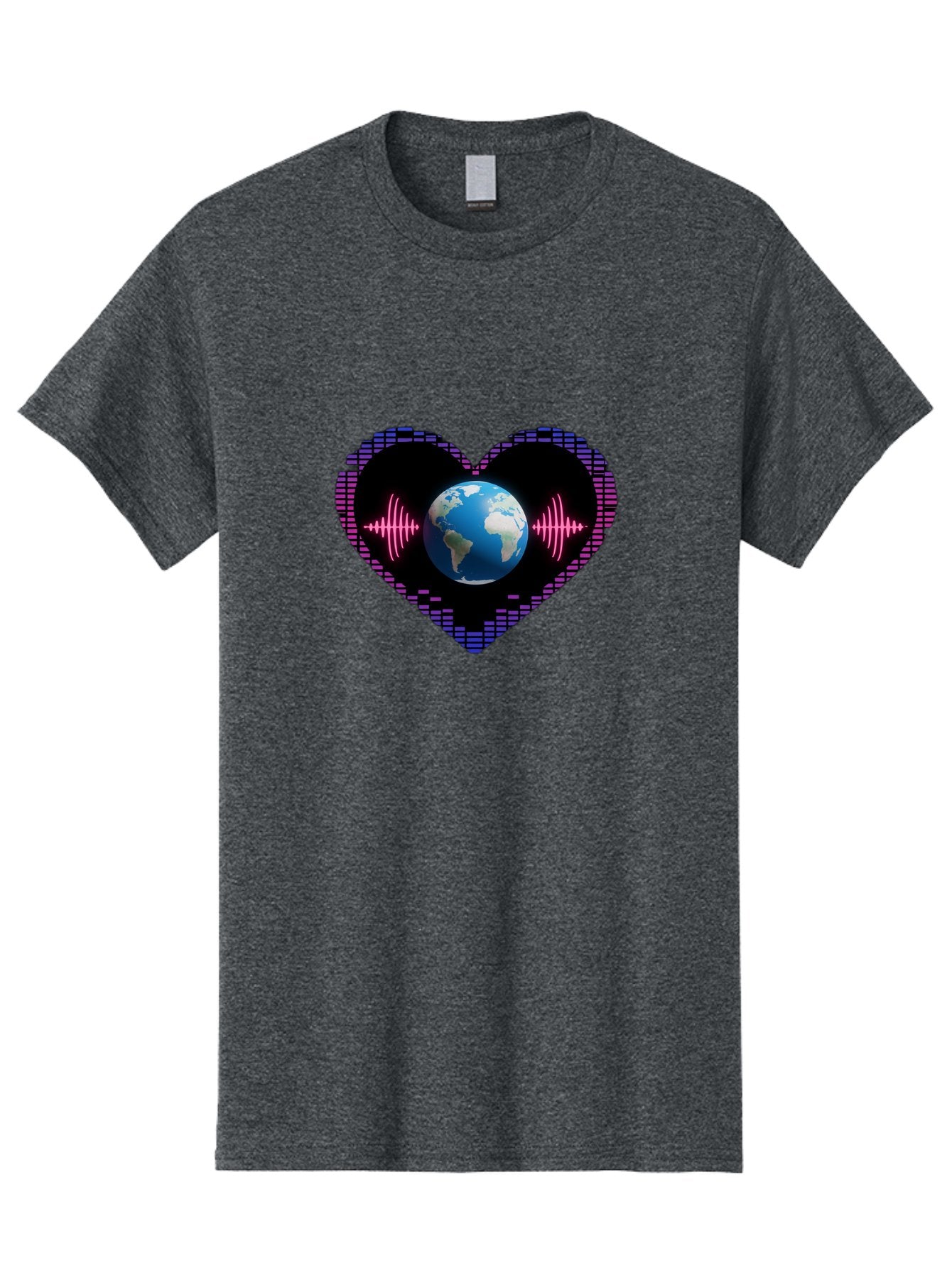 Globe-Heartbeat Men'S Graphic Tee, 100% Cotton, Comfortable Casual Summer Wear, Machine Washable, Globe In Heart Shape, Digital Graphic, Sound Wave, Earth Love, Global Unity, Tech Art, Futuristic Design, Pixel Art Baa751 11