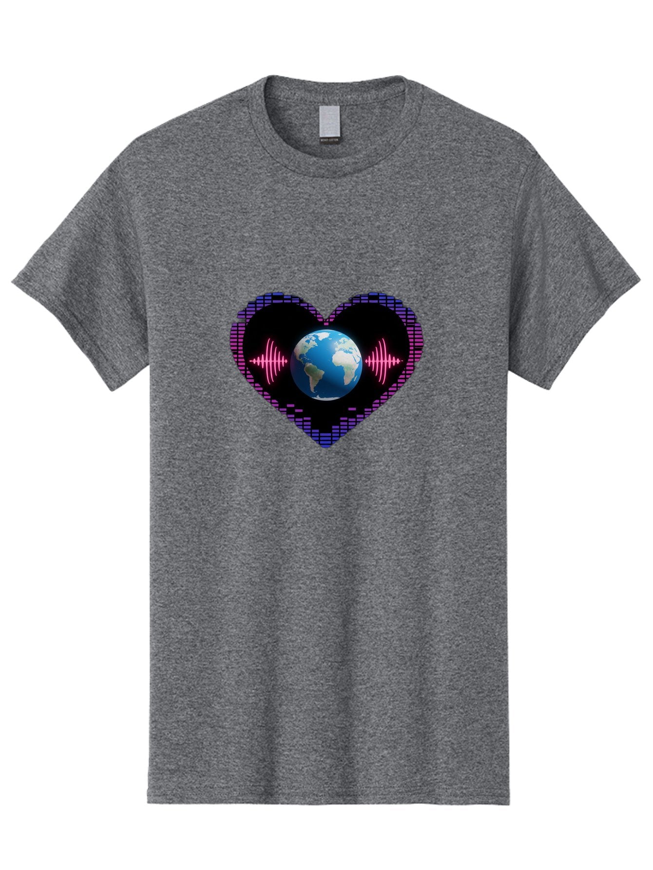 Globe-Heartbeat Men'S Graphic Tee, 100% Cotton, Comfortable Casual Summer Wear, Machine Washable, Globe In Heart Shape, Digital Graphic, Sound Wave, Earth Love, Global Unity, Tech Art, Futuristic Design, Pixel Art Baa751 7