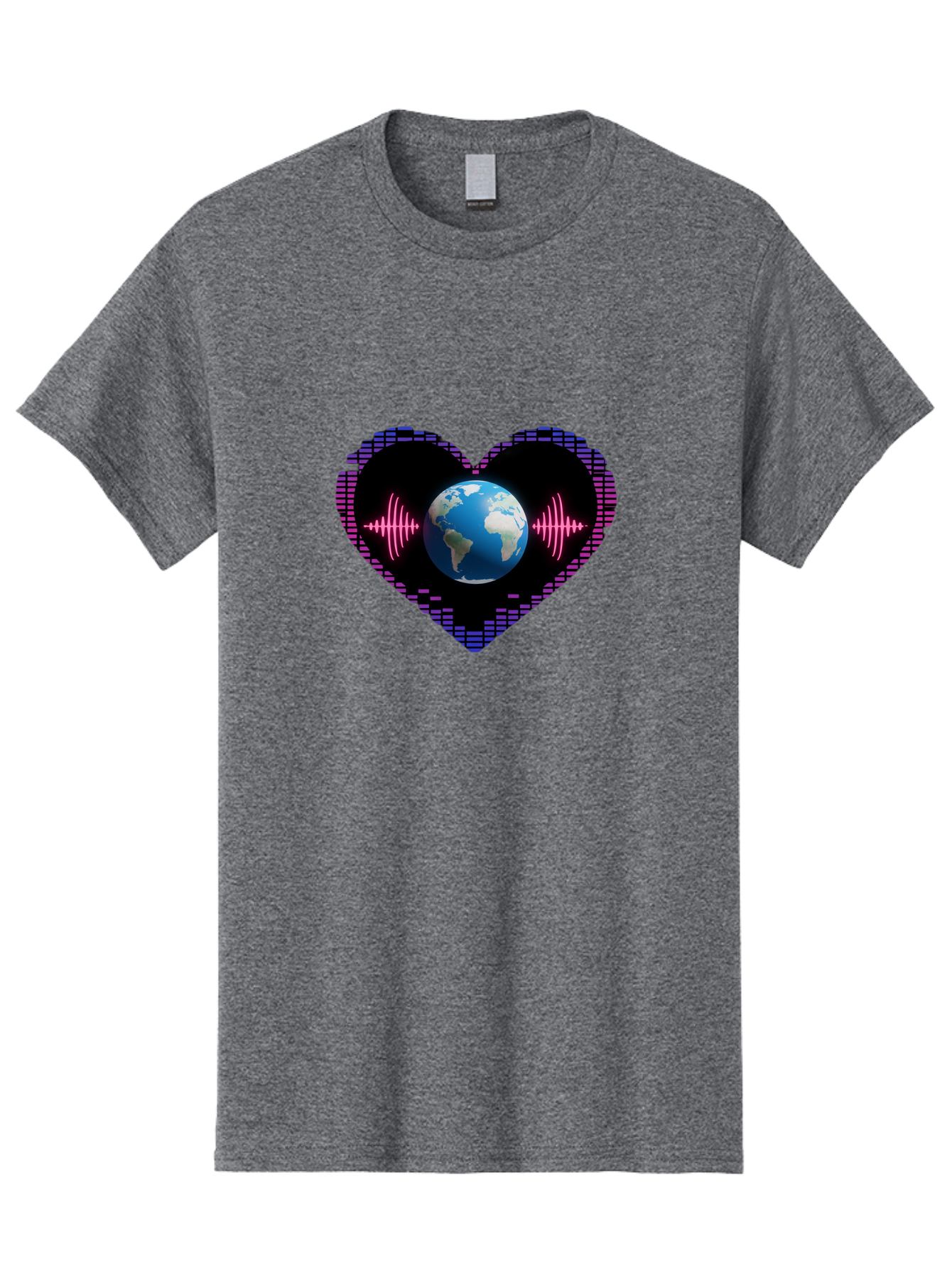 Globe-Heartbeat Men'S Graphic Tee, 100% Cotton, Comfortable Casual Summer Wear, Machine Washable, Globe In Heart Shape, Digital Graphic, Sound Wave, Earth Love, Global Unity, Tech Art, Futuristic Design, Pixel Art Baa751 25