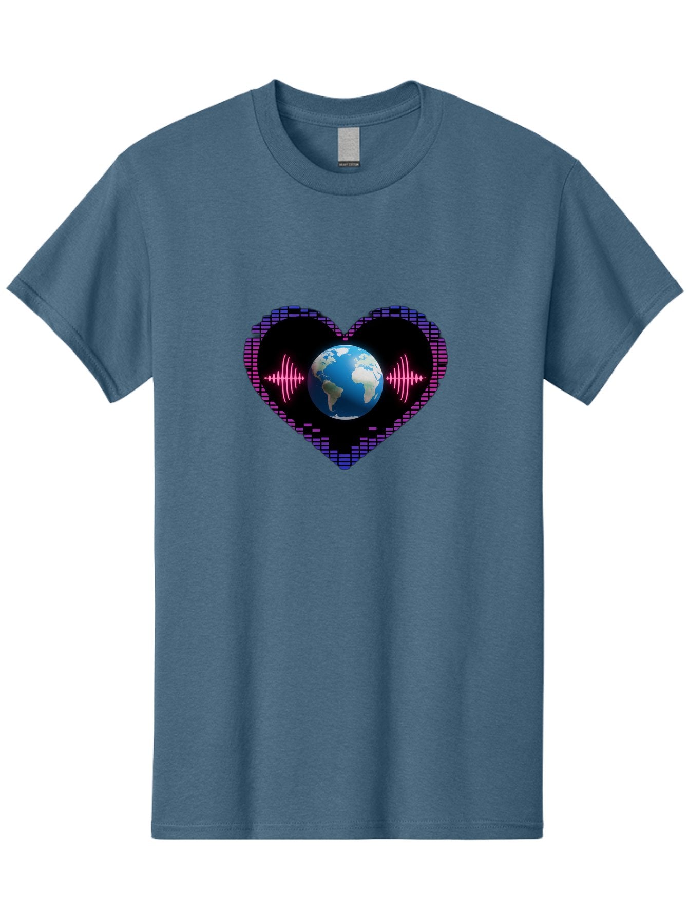 Globe-Heartbeat Men'S Graphic Tee, 100% Cotton, Comfortable Casual Summer Wear, Machine Washable, Globe In Heart Shape, Digital Graphic, Sound Wave, Earth Love, Global Unity, Tech Art, Futuristic Design, Pixel Art Baa751 9