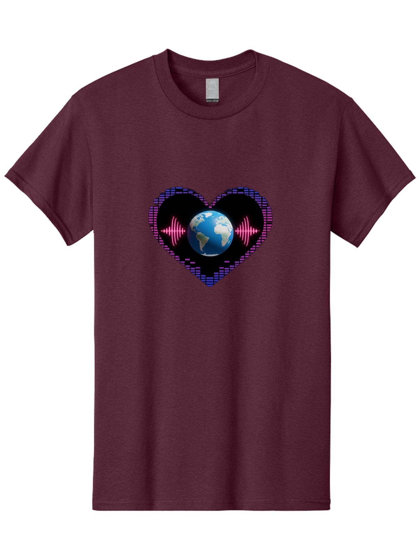 Globe-Heartbeat Men'S Graphic Tee, 100% Cotton, Comfortable Casual Summer Wear, Machine Washable, Globe In Heart Shape, Digital Graphic, Sound Wave, Earth Love, Global Unity, Tech Art, Futuristic Design, Pixel Art Baa751 8