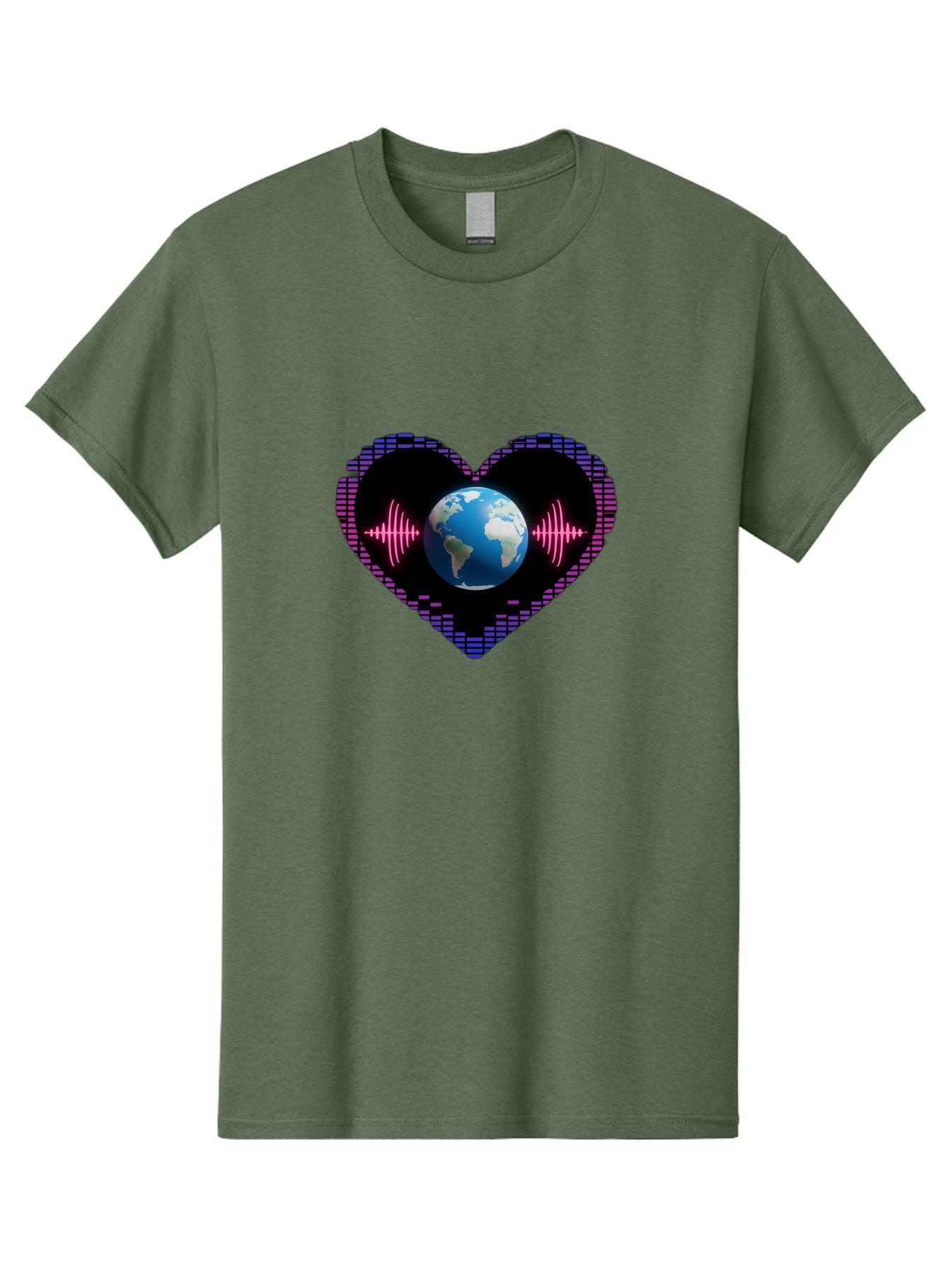 Globe-Heartbeat Men'S Graphic Tee, 100% Cotton, Comfortable Casual Summer Wear, Machine Washable, Globe In Heart Shape, Digital Graphic, Sound Wave, Earth Love, Global Unity, Tech Art, Futuristic Design, Pixel Art Baa751 13