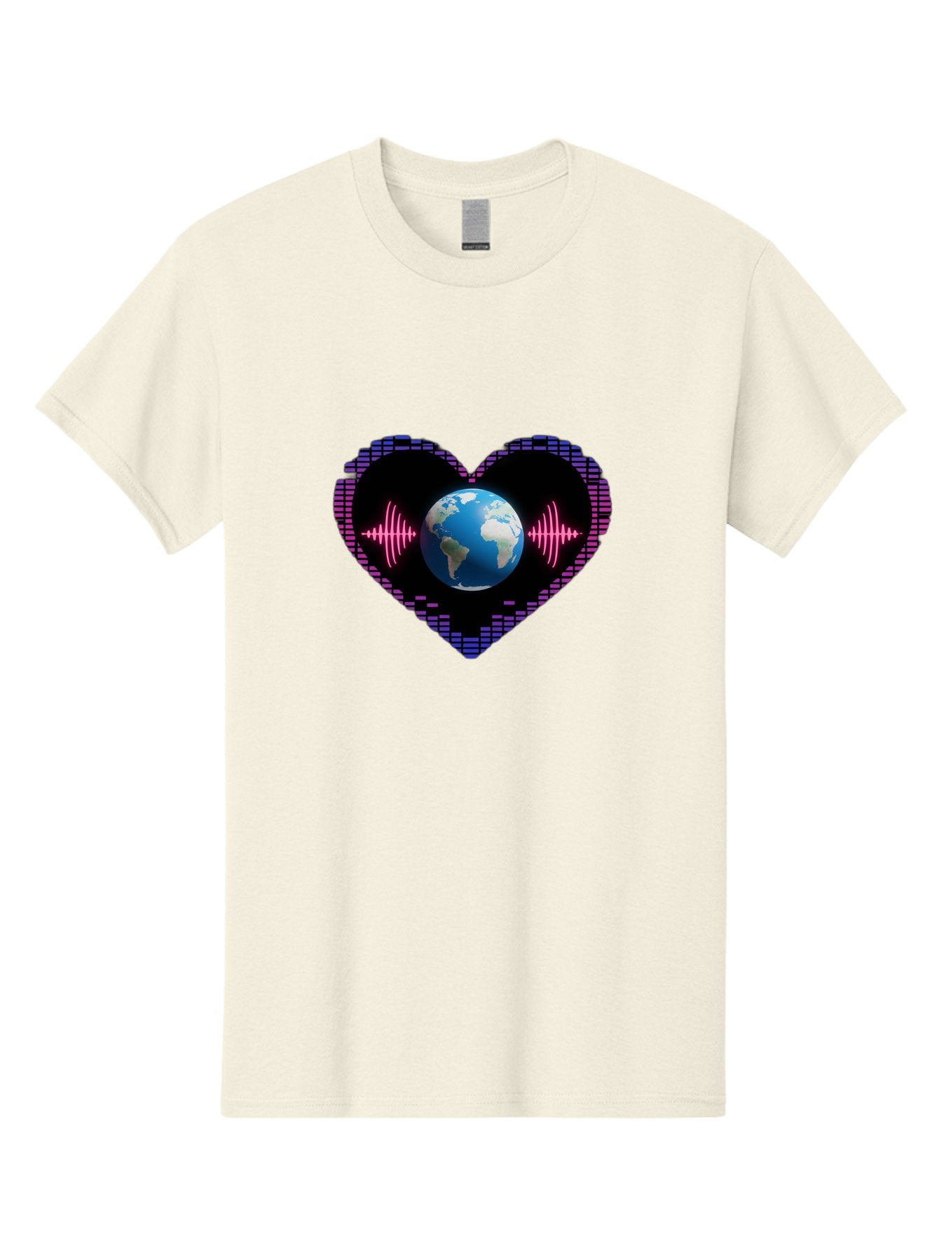 Globe-Heartbeat Men'S Graphic Tee, 100% Cotton, Comfortable Casual Summer Wear, Machine Washable, Globe In Heart Shape, Digital Graphic, Sound Wave, Earth Love, Global Unity, Tech Art, Futuristic Design, Pixel Art Baa751 14
