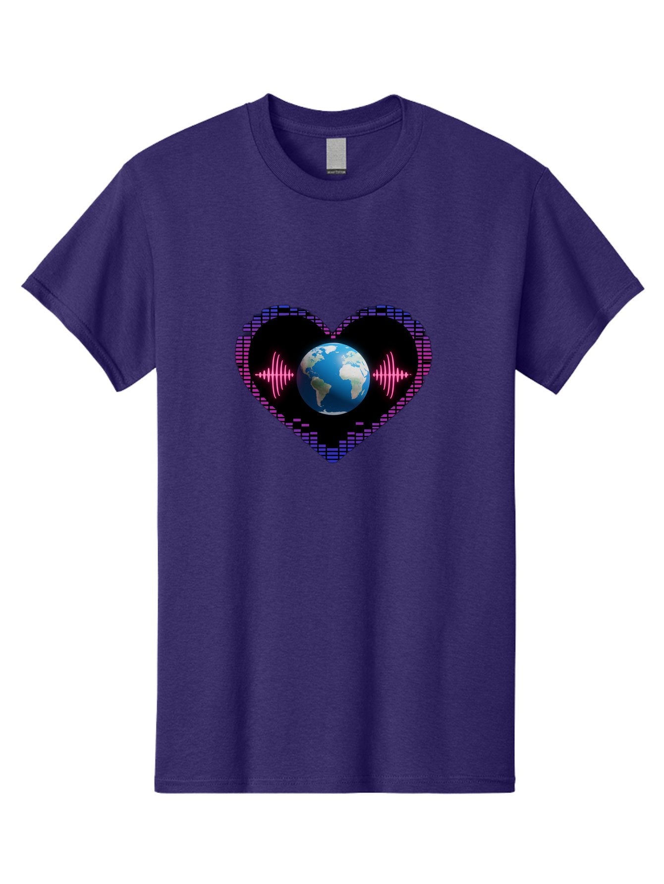 Globe-Heartbeat Men'S Graphic Tee, 100% Cotton, Comfortable Casual Summer Wear, Machine Washable, Globe In Heart Shape, Digital Graphic, Sound Wave, Earth Love, Global Unity, Tech Art, Futuristic Design, Pixel Art Baa751 15