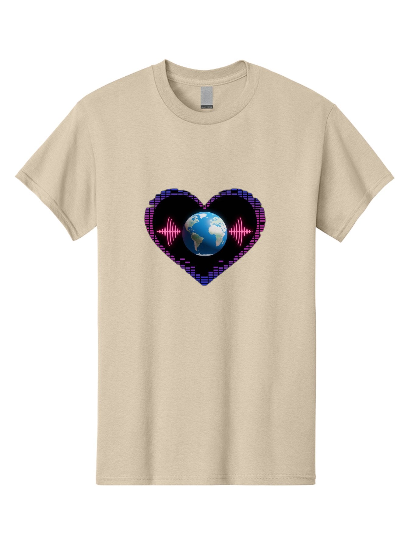 Globe-Heartbeat Men'S Graphic Tee, 100% Cotton, Comfortable Casual Summer Wear, Machine Washable, Globe In Heart Shape, Digital Graphic, Sound Wave, Earth Love, Global Unity, Tech Art, Futuristic Design, Pixel Art Baa751 5