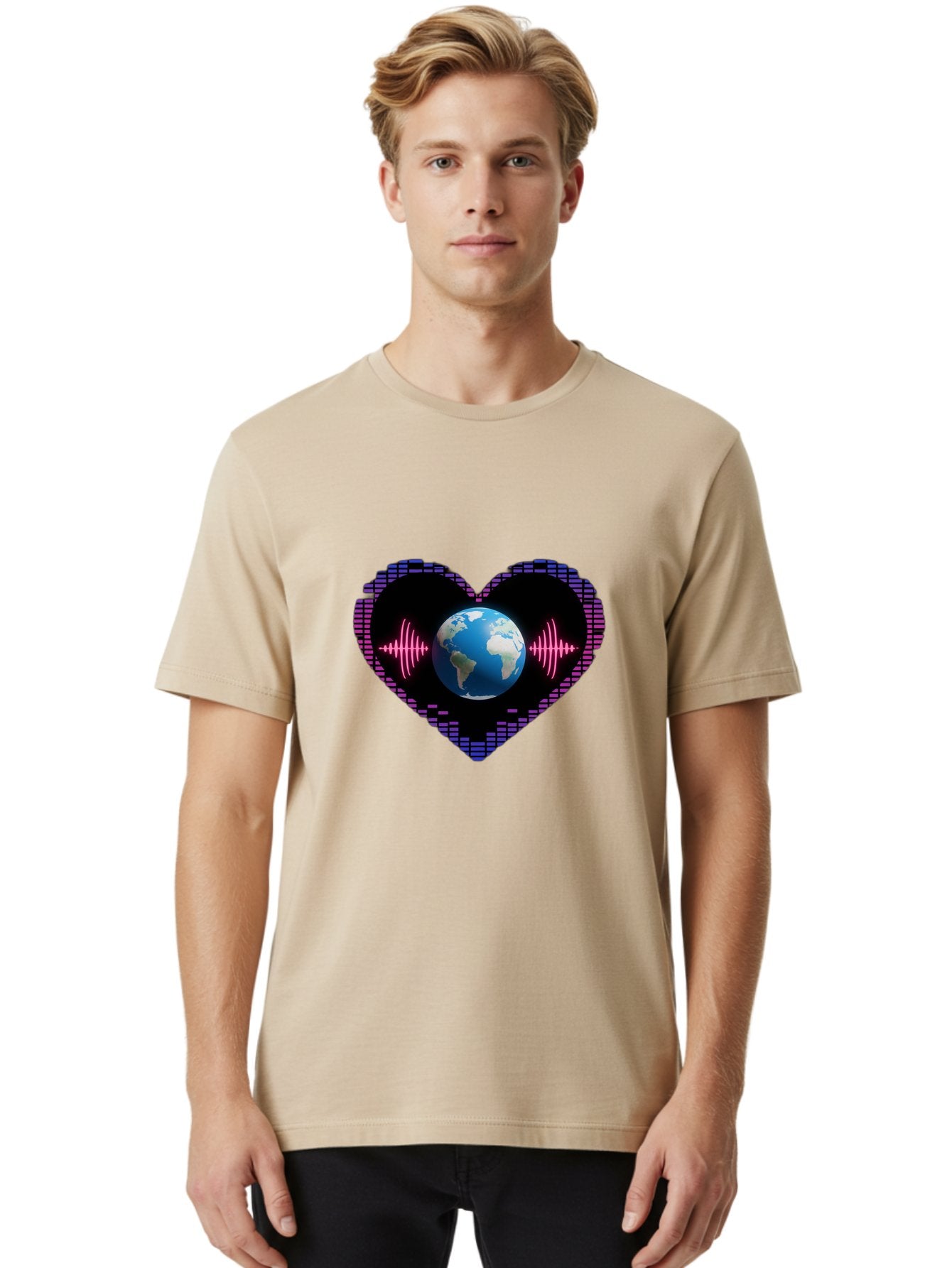Globe-Heartbeat Men'S Graphic Tee, 100% Cotton, Comfortable Casual Summer Wear, Machine Washable, Globe In Heart Shape, Digital Graphic, Sound Wave, Earth Love, Global Unity, Tech Art, Futuristic Design, Pixel Art Baa751 23