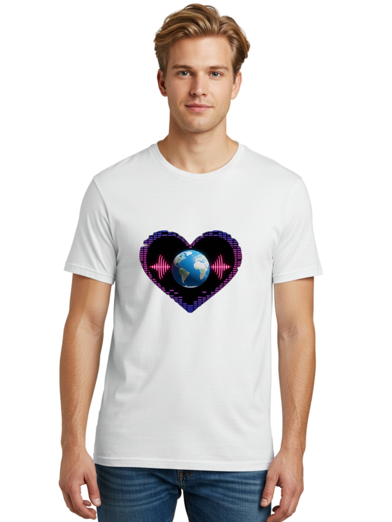 Globe-Heartbeat Men'S Graphic Tee, 100% Cotton, Comfortable Casual Summer Wear, Machine Washable, Globe In Heart Shape, Digital Graphic, Sound Wave, Earth Love, Global Unity, Tech Art, Futuristic Design, Pixel Art Baa751 21