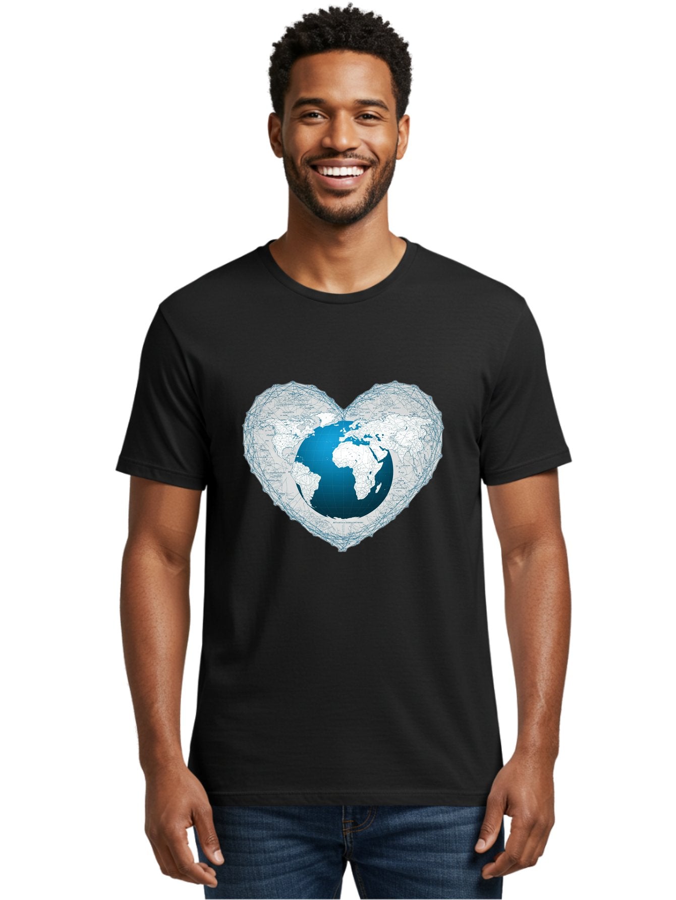 Globe-In-Heart-2 Men'S Graphic Tee, 100% Cotton, Comfortable Casual Summer Wear, Machine Washable, Globe In Heart Shape, World Map, Love For The Earth, Global Unity, Blue Gradient, Wireframe Design, Earth Illustration, Heart-Shaped Globe Baa753 30