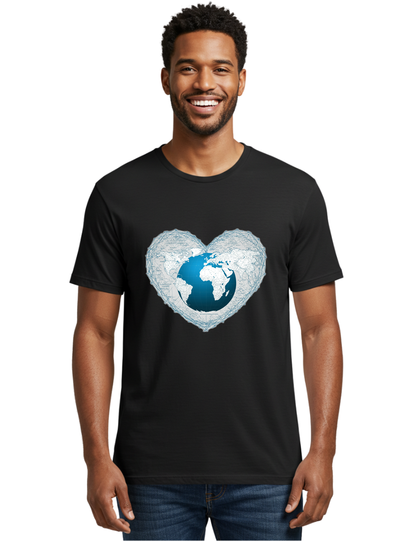 Globe-In-Heart-2 Men'S Graphic Tee, 100% Cotton, Comfortable Casual Summer Wear, Machine Washable, Globe In Heart Shape, World Map, Love For The Earth, Global Unity, Blue Gradient, Wireframe Design, Earth Illustration, Heart-Shaped Globe Baa753